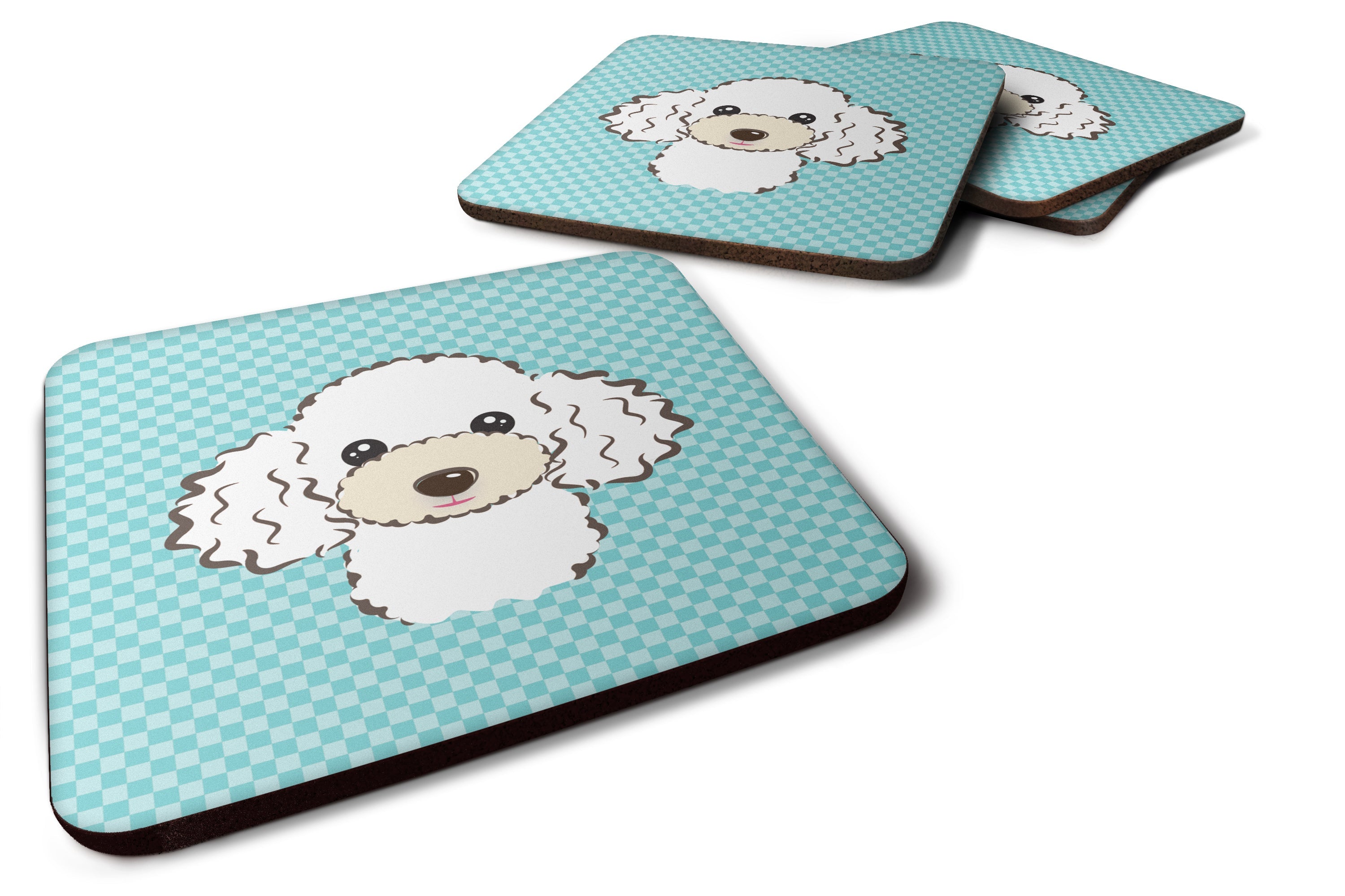 Checkerboard Blue White Poodle Foam Coasters Set of 4 Cup Coasters for Indoor Outdoor, Tabletop Protection, Anti Slip, Mouse pad Material