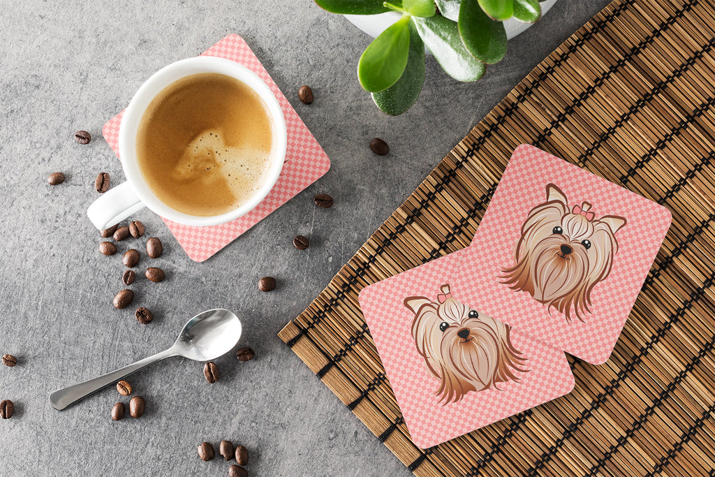 Checkerboard Pink Yorkie Yorkishire Terrier Foam Coasters Set of 4 Cup Coasters for Indoor Outdoor, Tabletop Protection, Anti Slip, Mouse pad Material