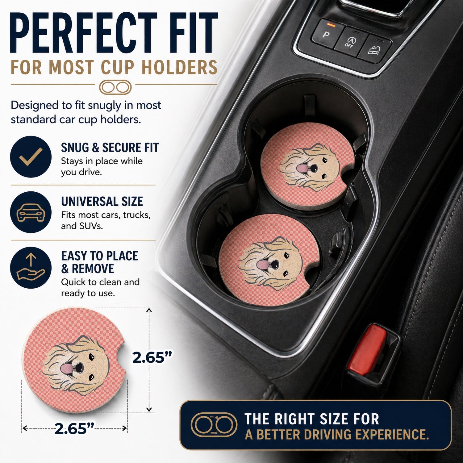 Checkerboard Pink Golden Retriever Set of 2 Cup Holder Car Coasters Absorbent Round Sandstone Coasters Gifts for Men or Women, 2.5, Multicolor
