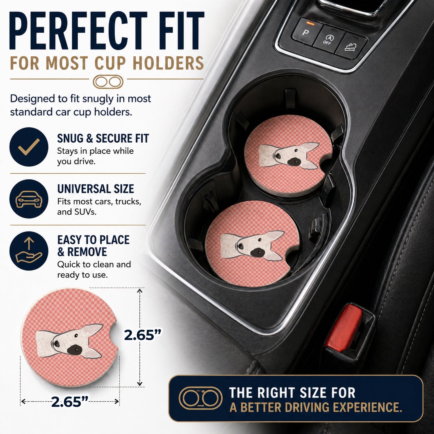 Checkerboard Pink Bull Terrier Set of 2 Cup Holder Car Coasters Absorbent Round Sandstone Coasters Gifts for Men or Women, 2.5, Multicolor