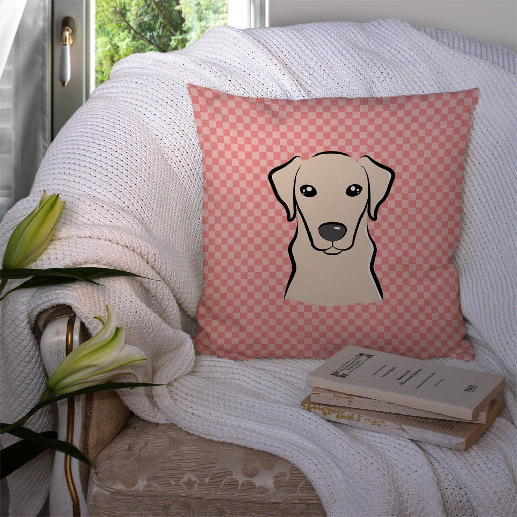 Checkerboard Pink Yellow Labrador Decorative Throw Pillow 14x14 Indoor Outdoor Accent Cushion, Fabric Cover with Insert for Sofa, Bed, Porch & Living Room
