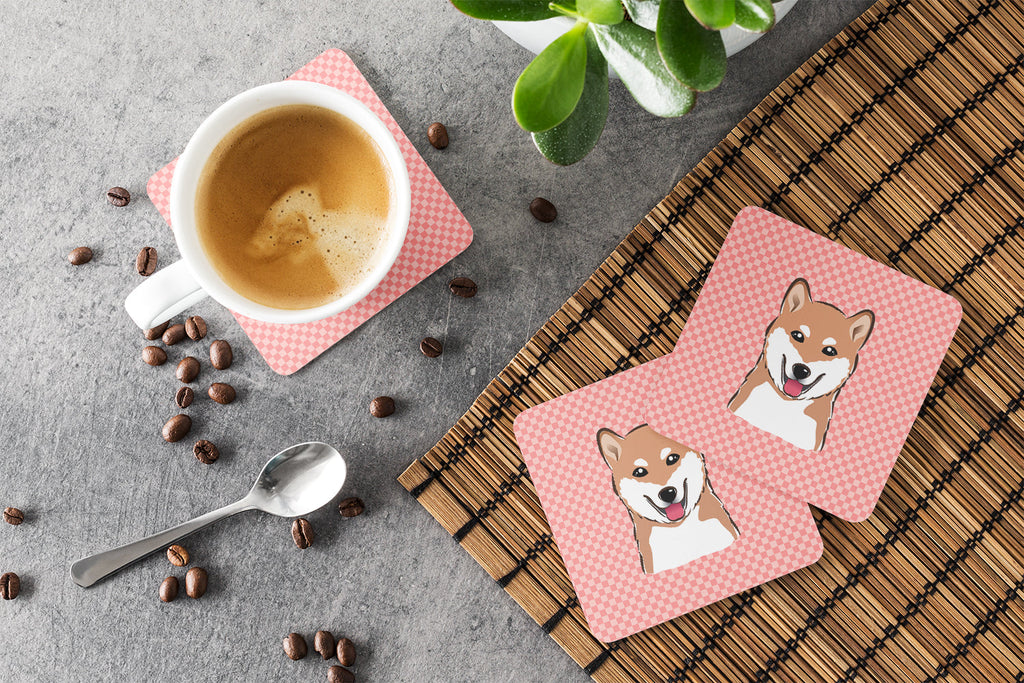 Checkerboard Pink Shiba Inu Foam Coasters Set of 4 Cup Coasters for Indoor Outdoor, Tabletop Protection, Anti Slip, Mouse pad Material