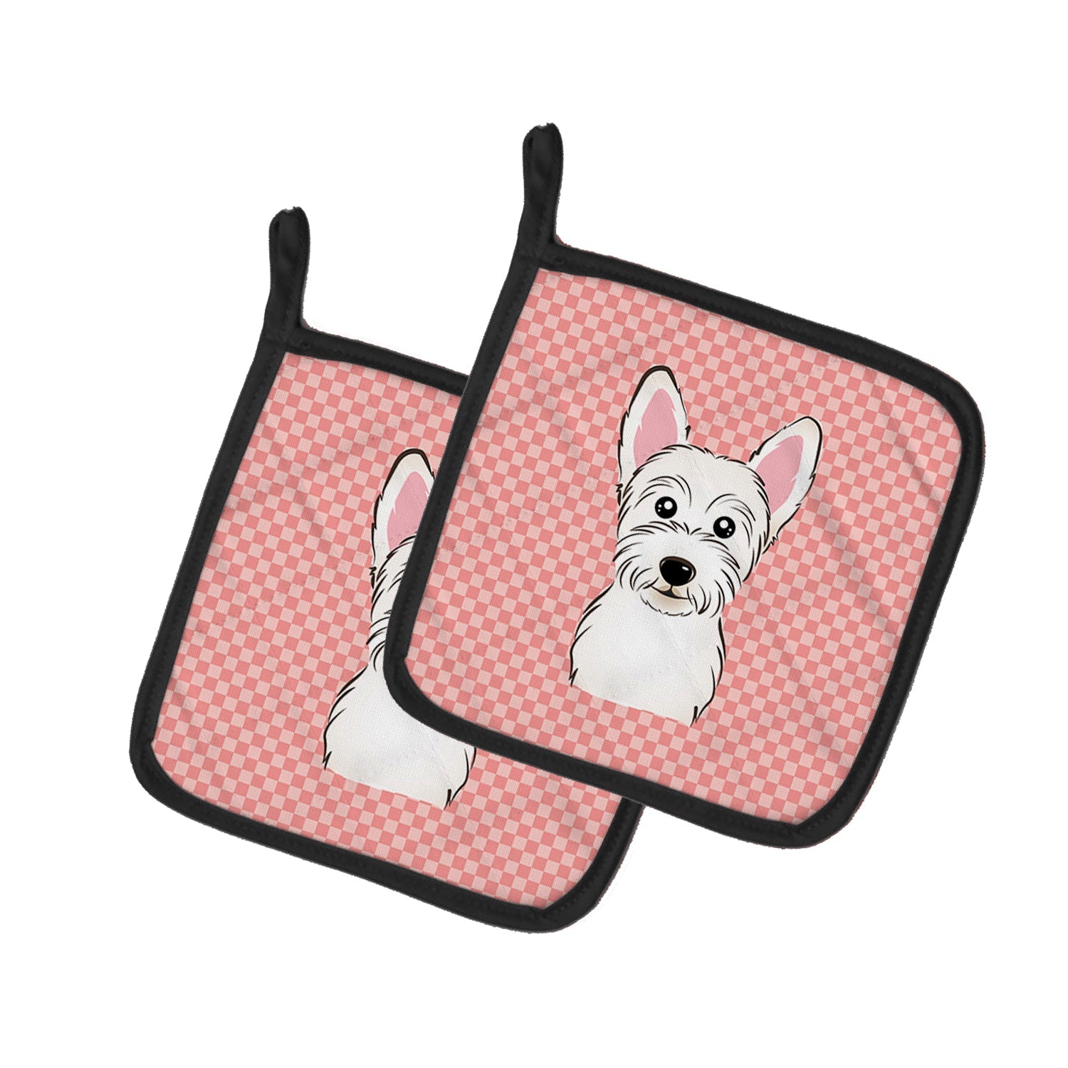 Checkerboard Pink Westie Pot Holder Set of 2 Heat Resistant Quilted Hot Pads 7.5 x 7.5 Inch, Insulated Kitchen Trivets for Cooking & Baking
