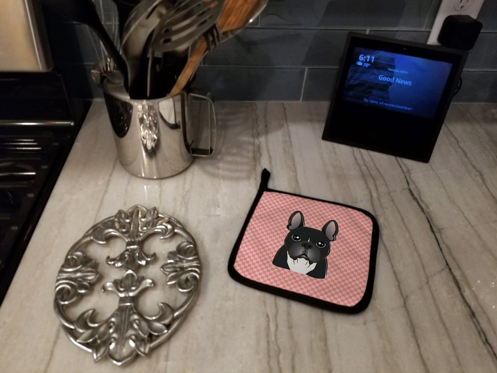 Checkerboard Pink French Bulldog Pot Holder Set of 2 Heat Resistant Quilted Hot Pads 7.5 x 7.5 Inch, Insulated Kitchen Trivets for Cooking & Baking