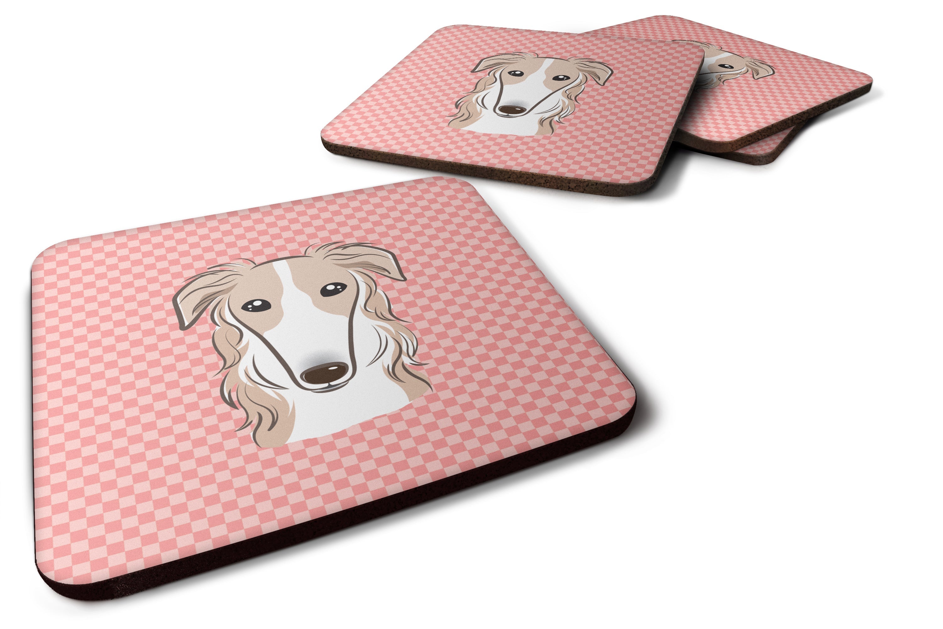 Checkerboard Pink Borzoi Foam Coasters Set of 4 Cup Coasters for Indoor Outdoor, Tabletop Protection, Anti Slip, Mouse pad Material