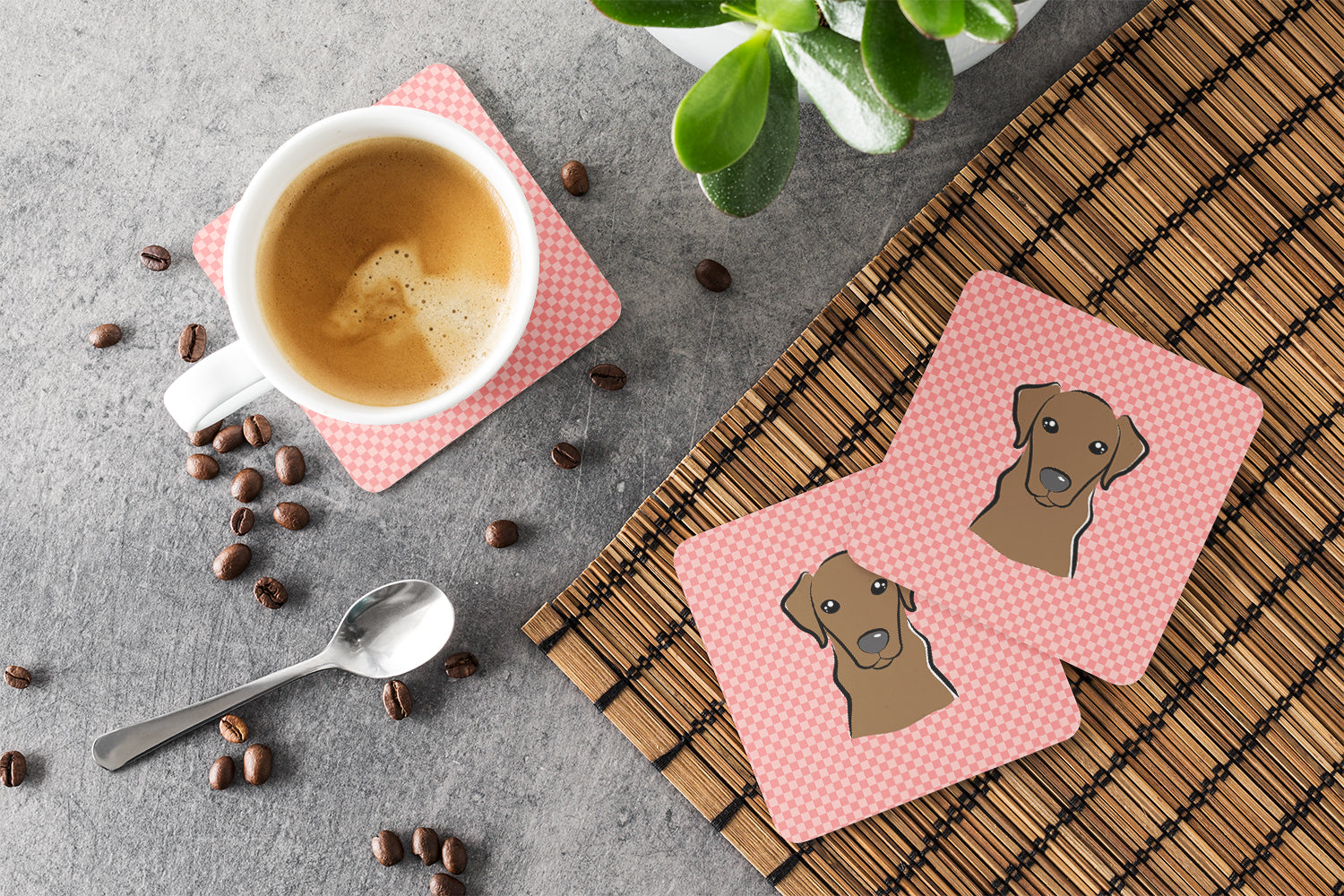 Checkerboard Pink Chocolate Labrador Foam Coasters Set of 4 Cup Coasters for Indoor Outdoor, Tabletop Protection, Anti Slip, Mouse pad Material
