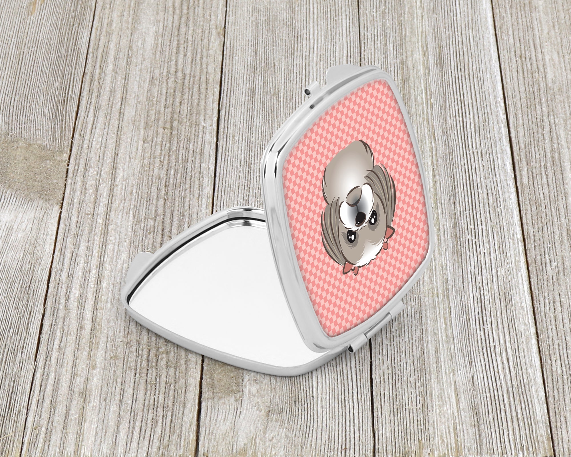 Checkerboard Pink Gray Silver Shih Tzu Compact Mirror Decorative Travel Makeup Mirror for Women Girls Gifts Pocket Makeup Mirror Folding Handheld