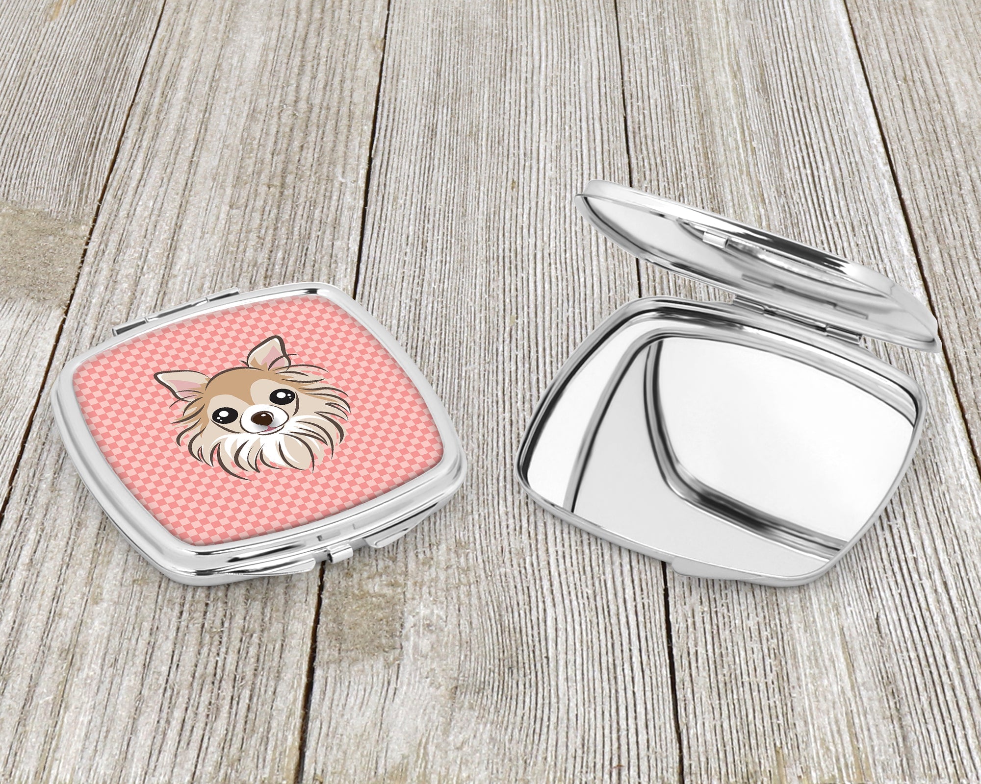 Checkerboard Pink Chihuahua Compact Mirror Decorative Travel Makeup Mirror for Women Girls Gifts Pocket Makeup Mirror Folding Handheld
