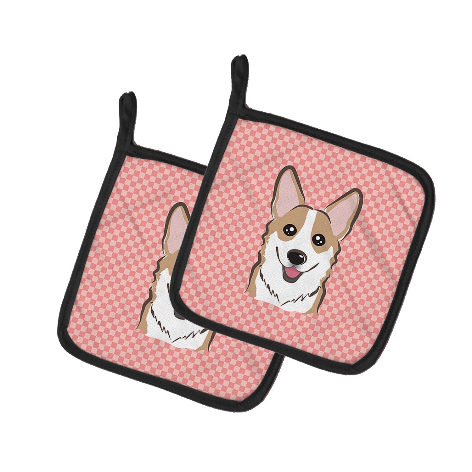 Checkerboard Pink Corgi Pot Holder Set of 2 Heat Resistant Quilted Hot Pads 7.5 x 7.5 Inch, Insulated Kitchen Trivets for Cooking & Baking