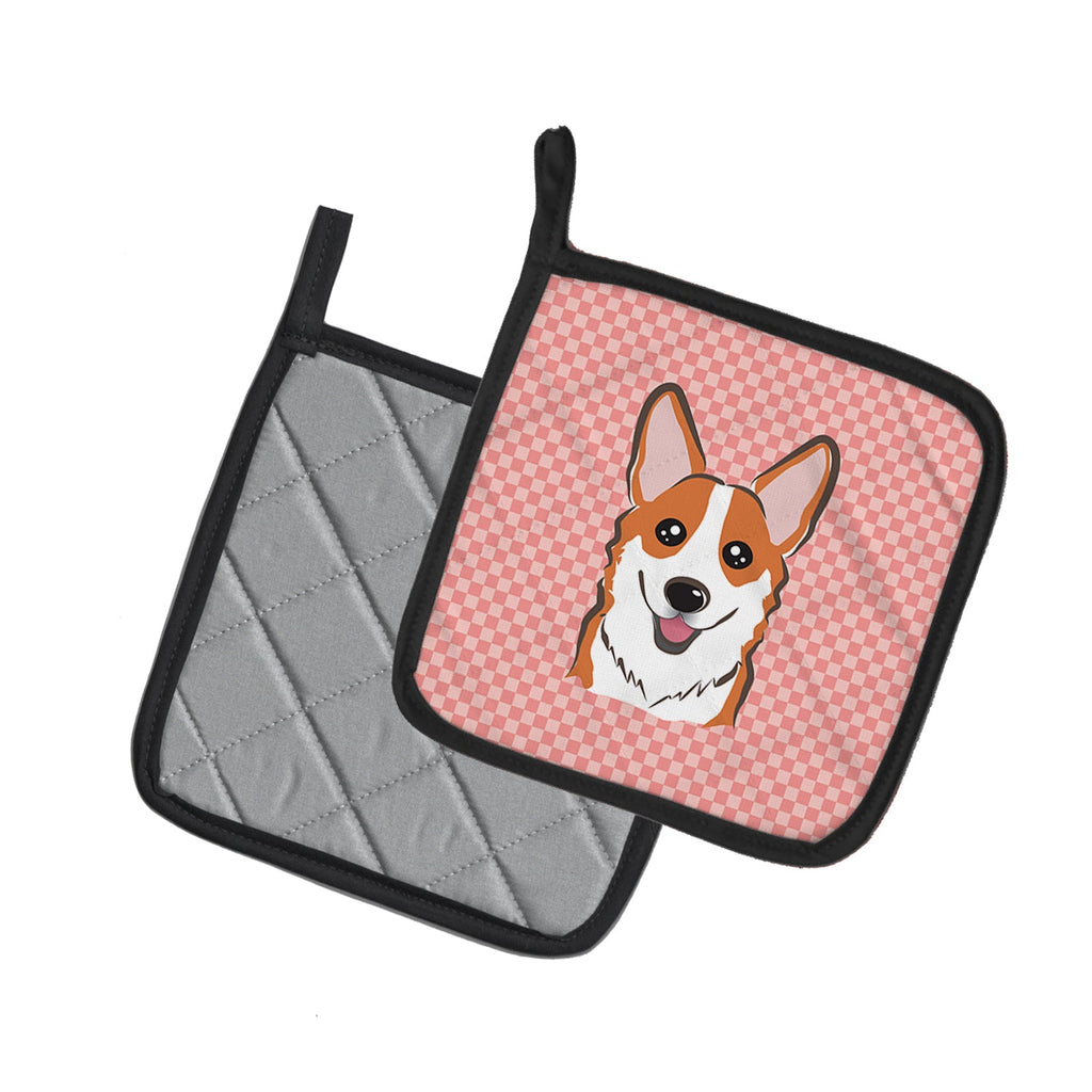 Checkerboard Pink Corgi Pot Holder Set of 2 Heat Resistant Quilted Hot Pads 7.5 x 7.5 Inch, Insulated Kitchen Trivets for Cooking & Baking