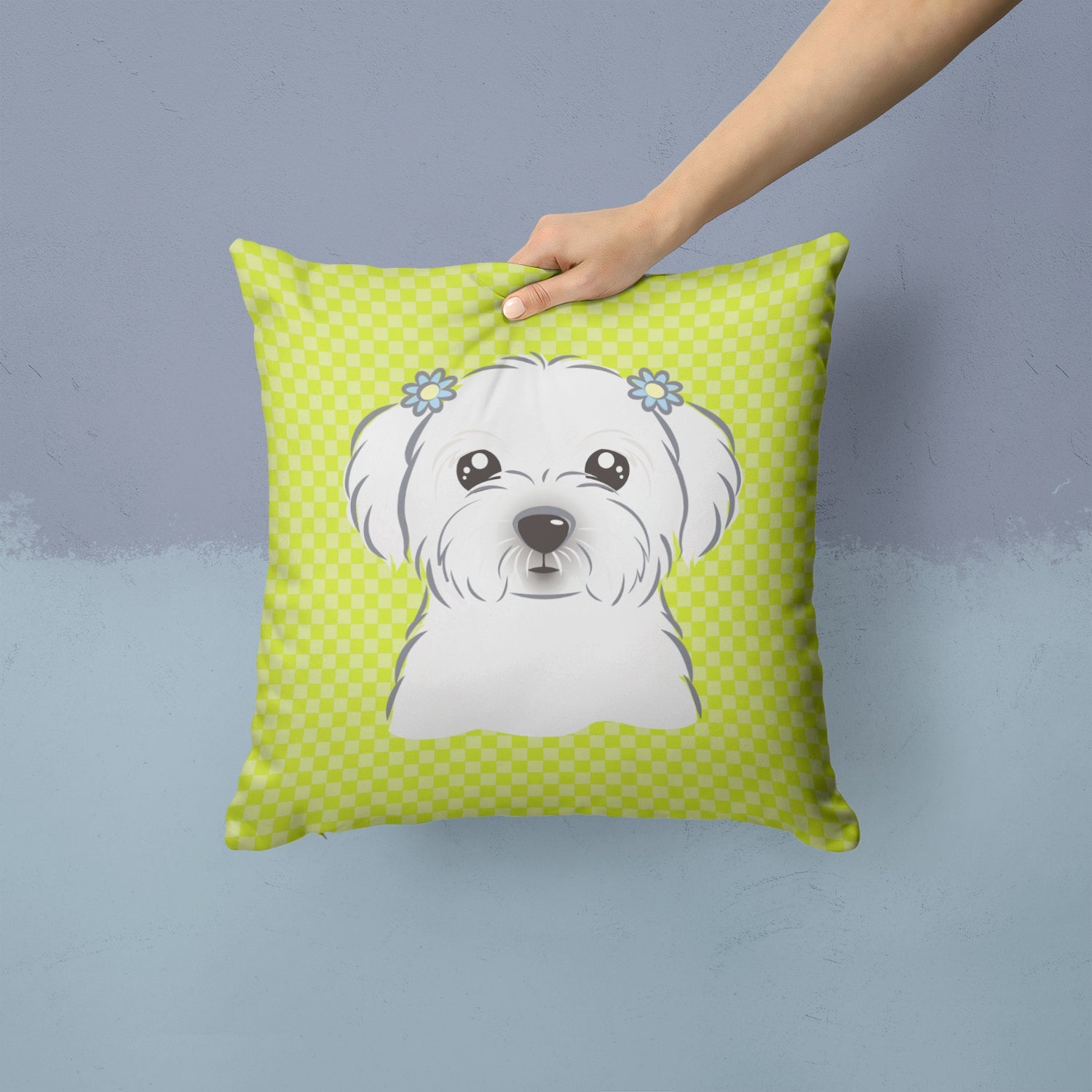 Checkerboard Lime Green Maltese Decorative Throw Pillow 14x14 Indoor Outdoor Accent Cushion, Fabric Cover with Insert for Sofa, Bed, Porch & Living Room