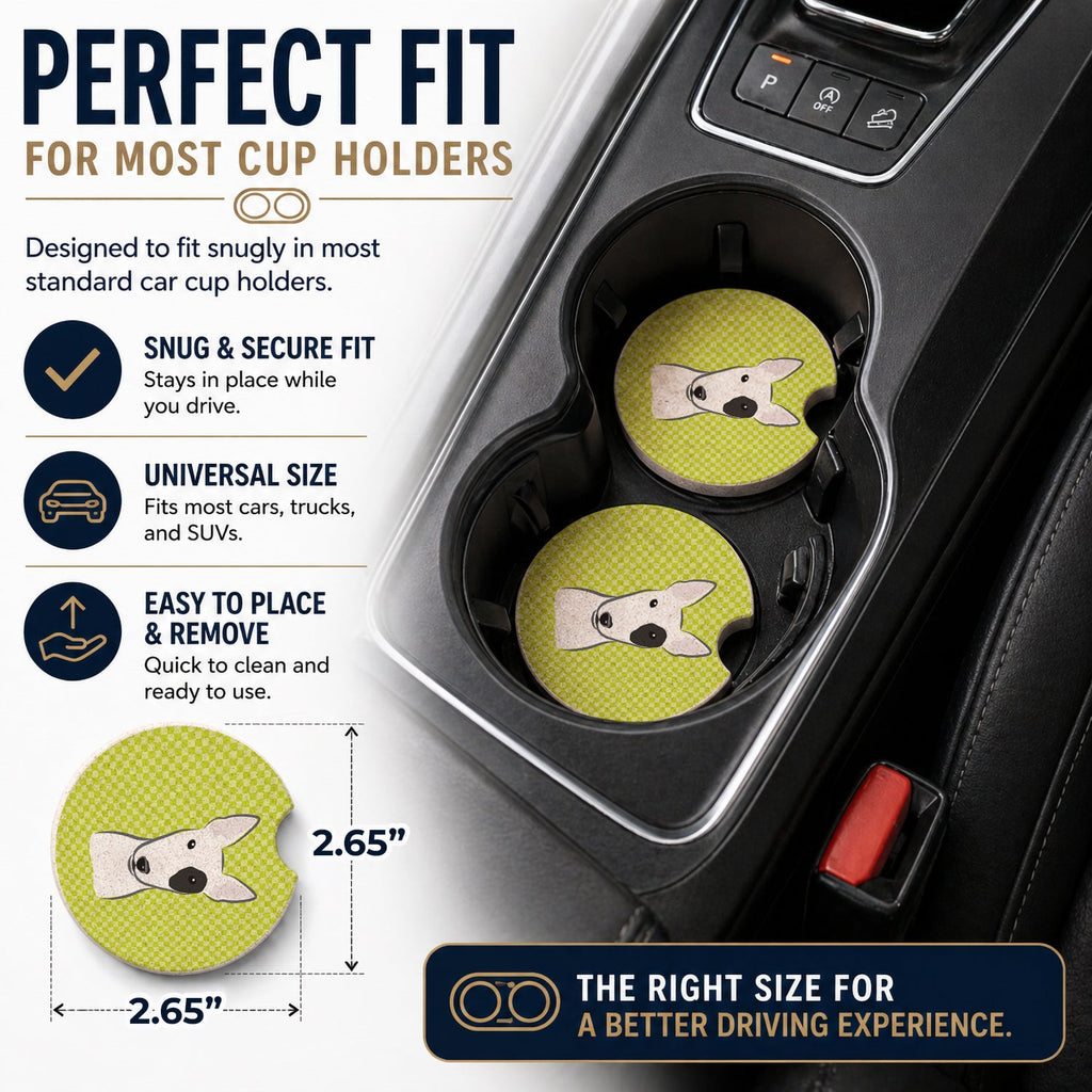 Checkerboard Lime Green Bull Terrier Set of 2 Cup Holder Car Coasters Absorbent Round Sandstone Coasters Gifts for Men or Women, 2.5, Multicolor
