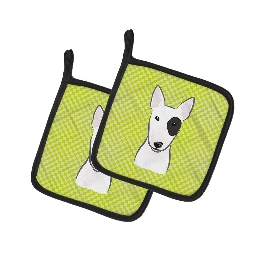 Checkerboard Lime Green Bull Terrier Pot Holder Set of 2 Heat Resistant Quilted Hot Pads 7.5 x 7.5 Inch, Insulated Kitchen Trivets for Cooking & Baking