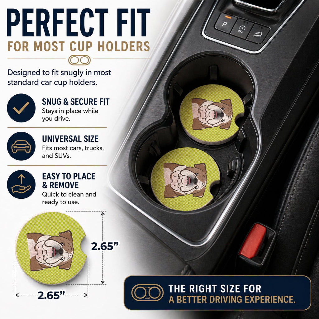 Checkerboard Lime Green English Bulldog  Set of 2 Cup Holder Car Coasters Absorbent Round Sandstone Coasters Gifts for Men or Women, 2.5, Multicolor