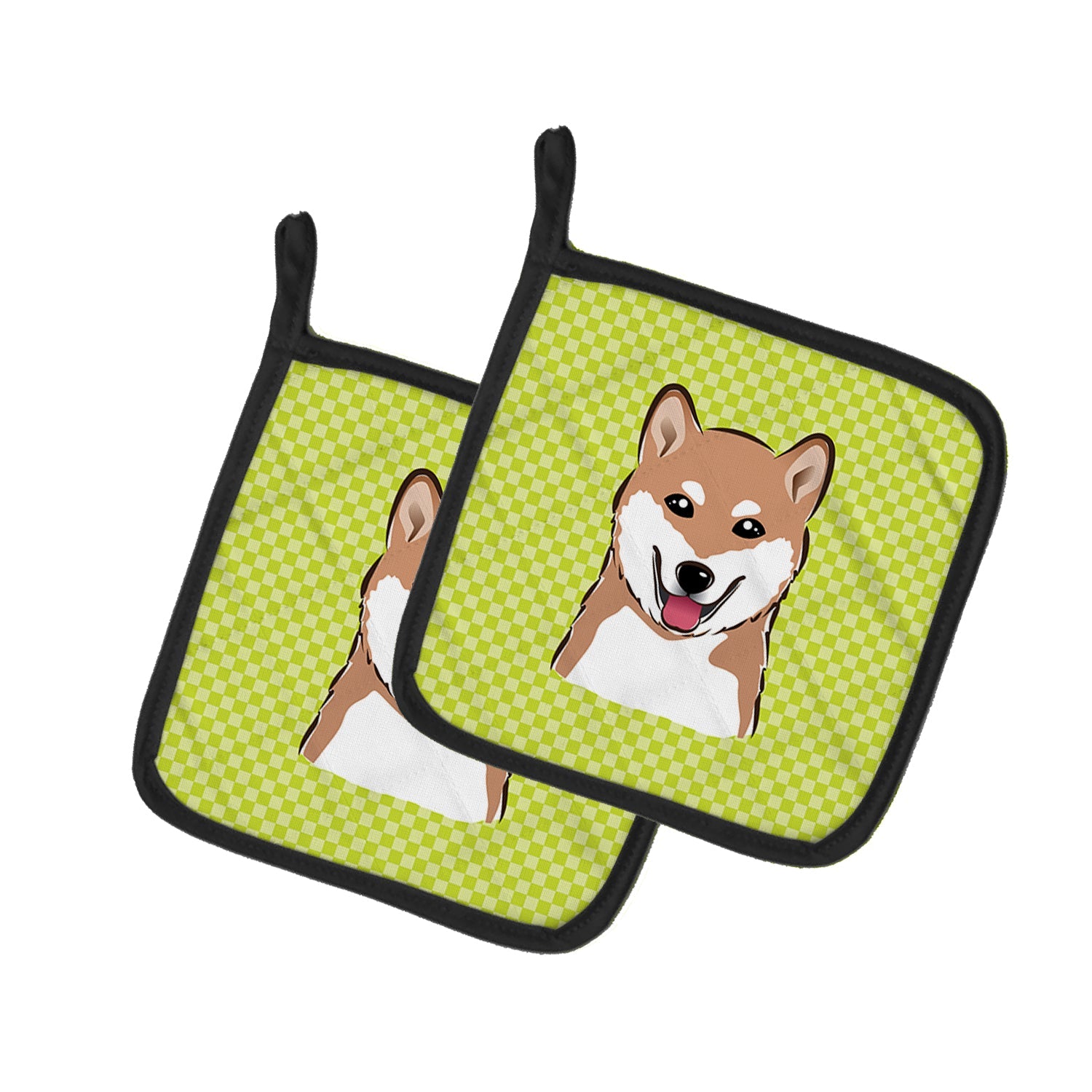 Checkerboard Lime Green Shiba Inu Pot Holder Set of 2 Heat Resistant Quilted Hot Pads 7.5 x 7.5 Inch, Insulated Kitchen Trivets for Cooking & Baking