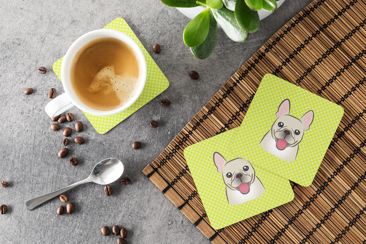Checkerboard Lime Green French Bulldog Foam Coasters Set of 4 Cup Coasters for Indoor Outdoor, Tabletop Protection, Anti Slip, Mouse pad Material