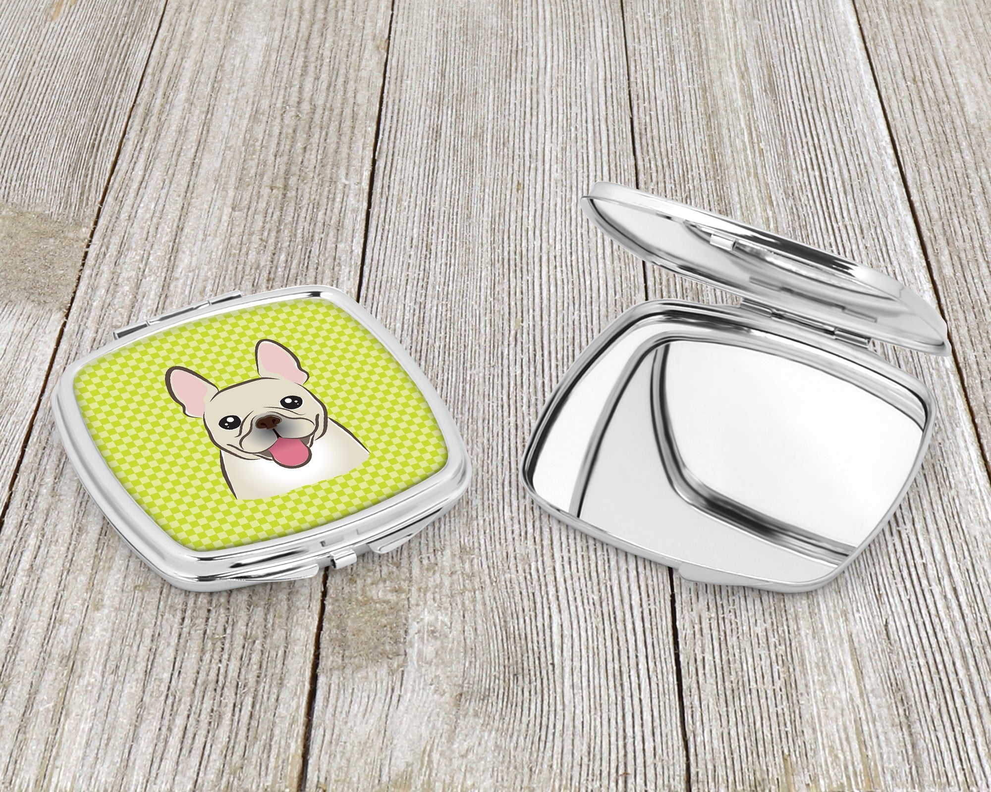 Checkerboard Lime Green French Bulldog Compact Mirror Decorative Travel Makeup Mirror for Women Girls Gifts Pocket Makeup Mirror Folding Handheld
