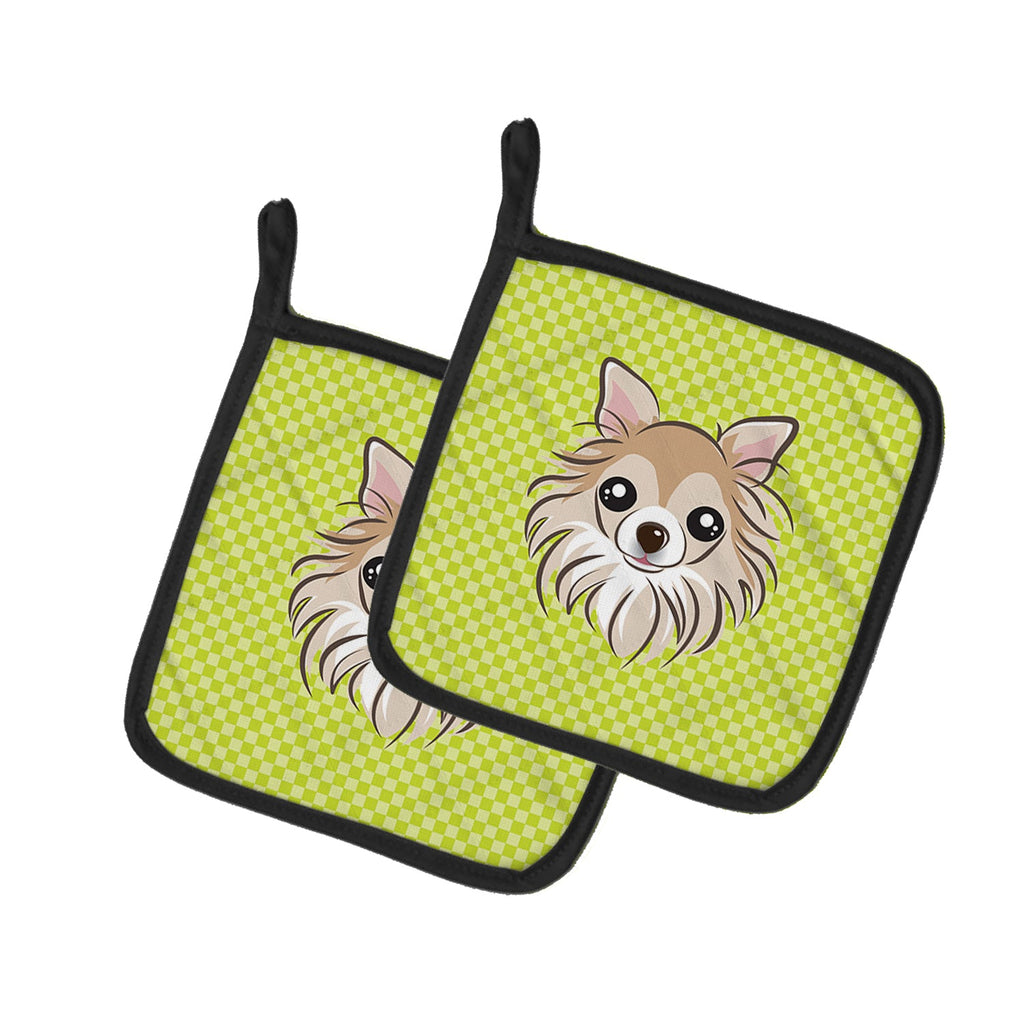 Checkerboard Lime Green Chihuahua Pot Holder Set of 2 Heat Resistant Quilted Hot Pads 7.5 x 7.5 Inch, Insulated Kitchen Trivets for Cooking & Baking