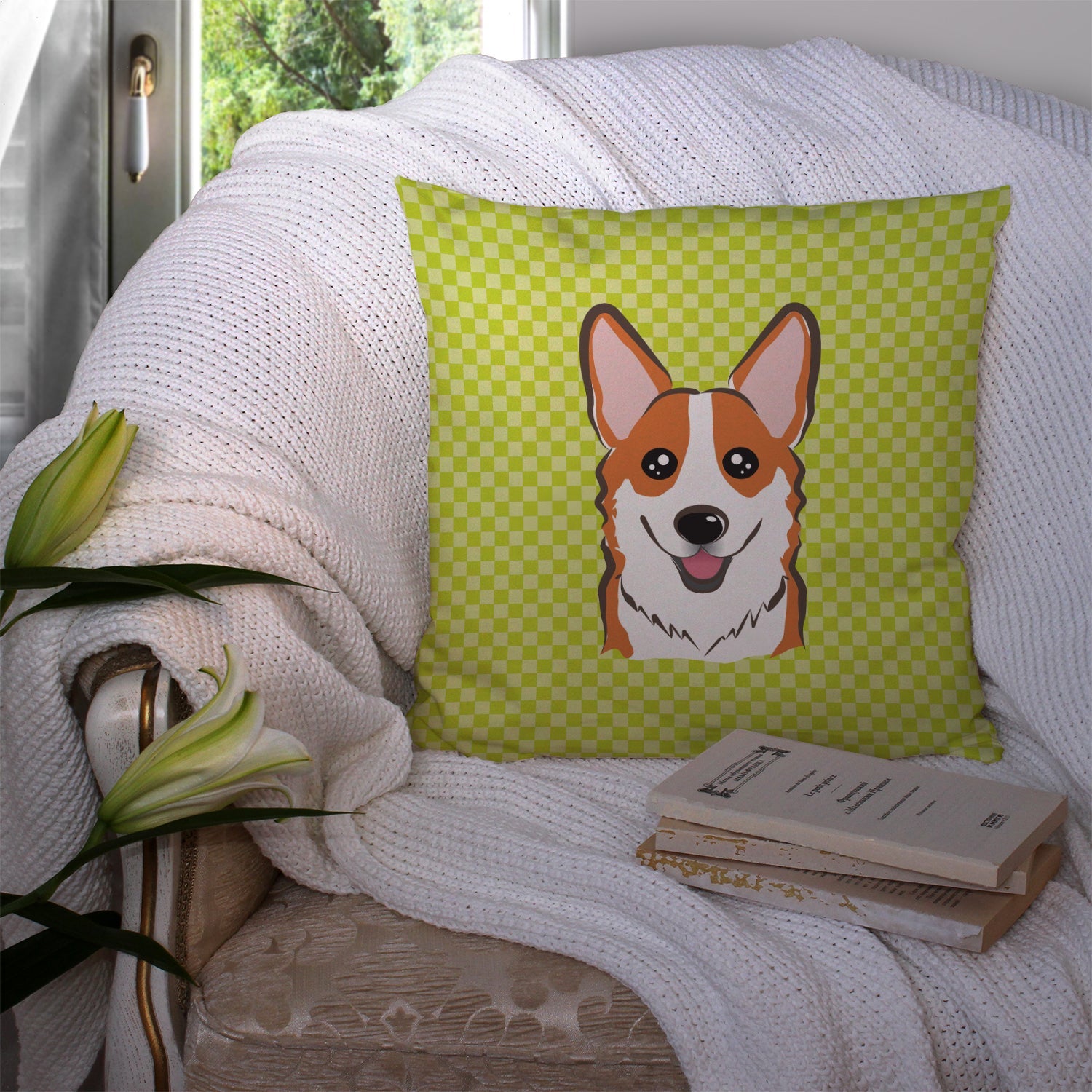 Checkerboard Lime Green Corgi Decorative Throw Pillow 14x14 Indoor Outdoor Accent Cushion, Fabric Cover with Insert for Sofa, Bed, Porch & Living Room