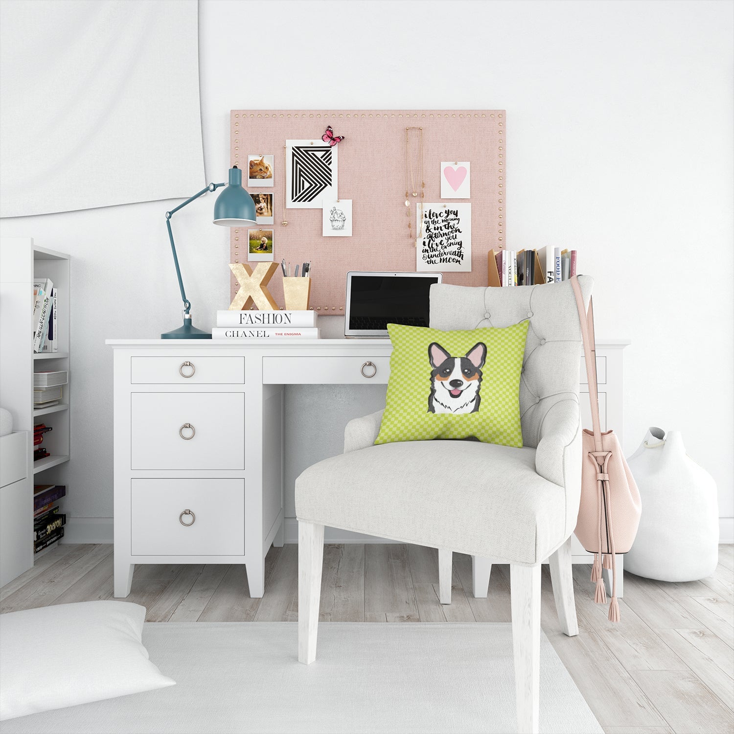 Checkerboard Lime Green Corgi Decorative Throw Pillow 14x14 Indoor Outdoor Accent Cushion, Fabric Cover with Insert for Sofa, Bed, Porch & Living Room