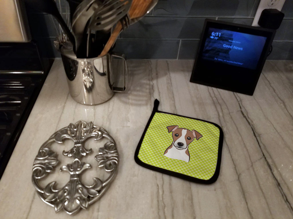 Checkerboard Lime Green Jack Russell Terrier Pot Holder Set of 2 Heat Resistant Quilted Hot Pads 7.5 x 7.5 Inch, Insulated Kitchen Trivets for Cooking & Baking