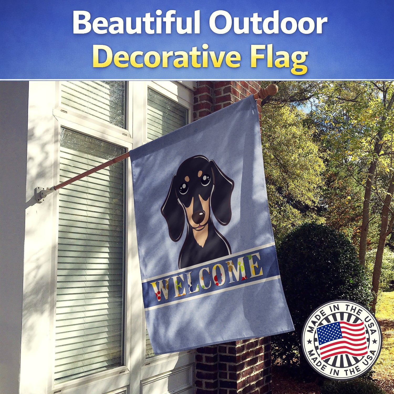 Smooth Black and Tan Dachshund Welcome House Flag 28x40 Porch Sleeve Pole Decorative Outside Yard Banner Artwork Wall Hanging, Polyester
