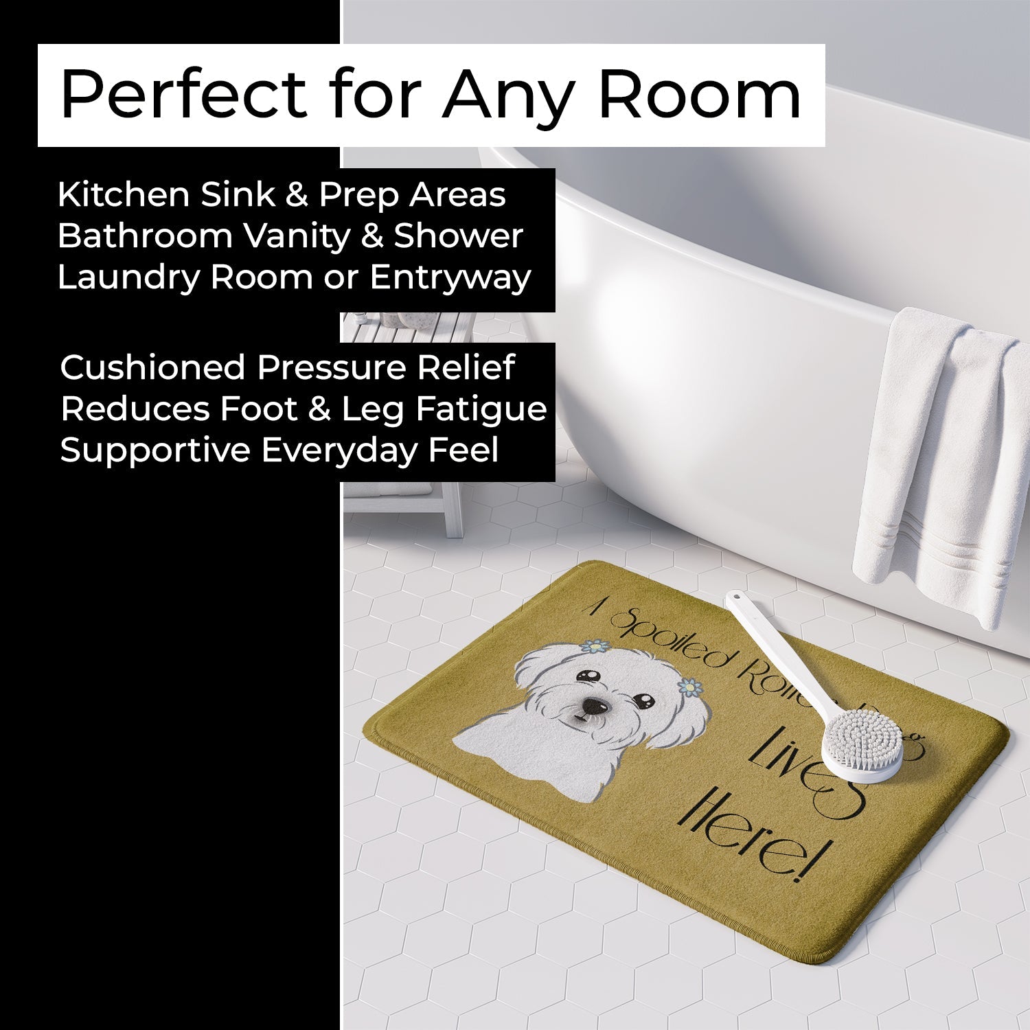 Maltese Spoiled Dog Lives Here Memory Foam Kitchen Mat Machine Washable Anti-Fatigue Cushion Comfort Bath or Kitchen Rug