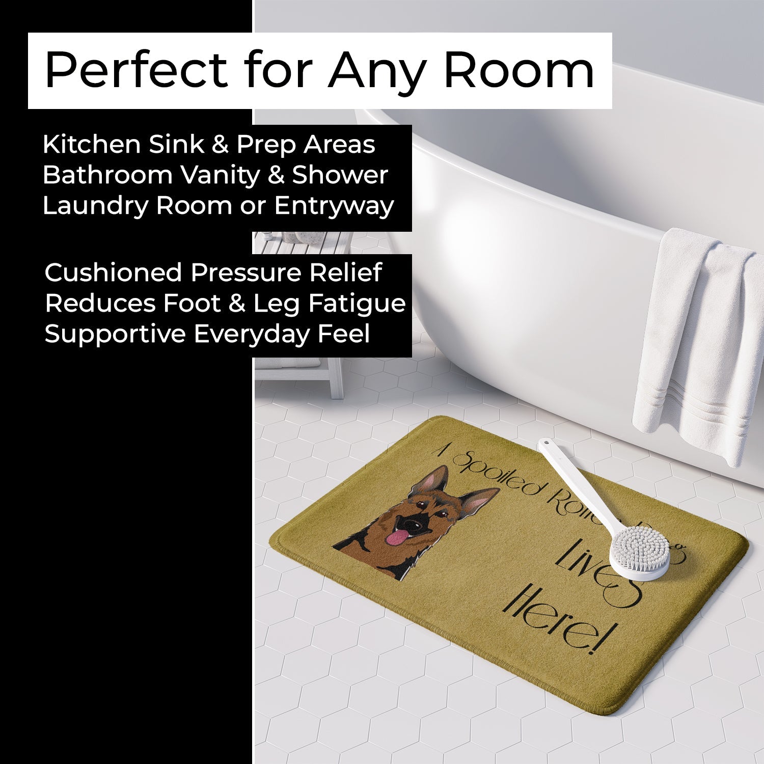 German Shepherd Spoiled Dog Lives Here Memory Foam Kitchen Mat Machine Washable Anti-Fatigue Cushion Comfort Bath or Kitchen Rug