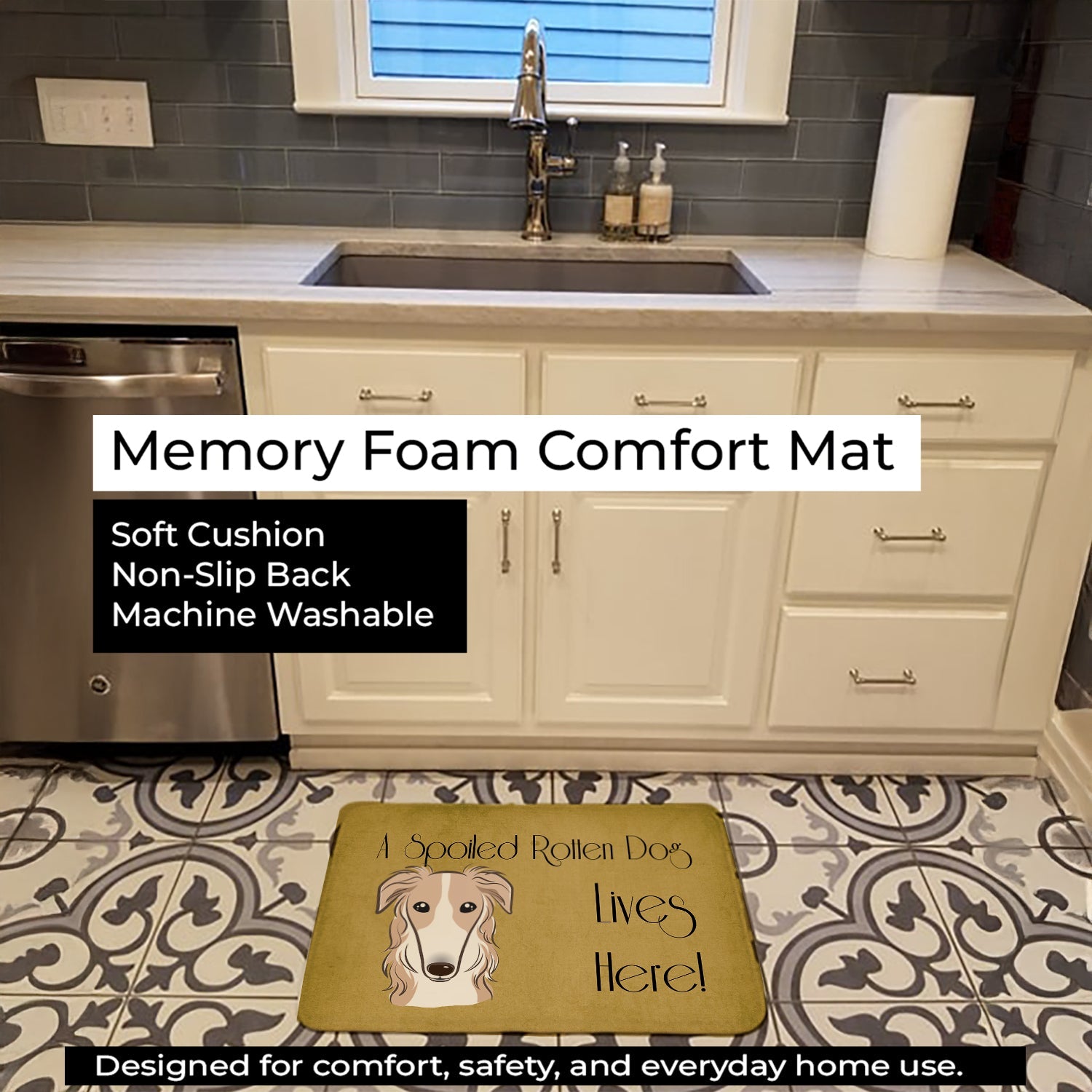Borzoi Spoiled Dog Lives Here Memory Foam Kitchen Mat Machine Washable Anti-Fatigue Cushion Comfort Bath or Kitchen Rug