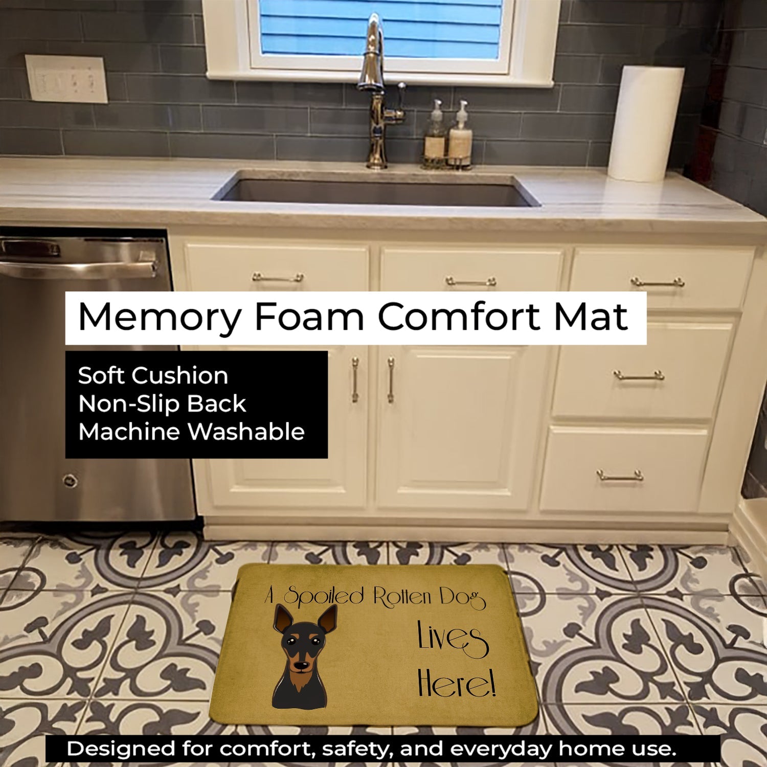 Min Pin Spoiled Dog Lives Here Memory Foam Kitchen Mat Machine Washable Anti-Fatigue Cushion Comfort Bath or Kitchen Rug
