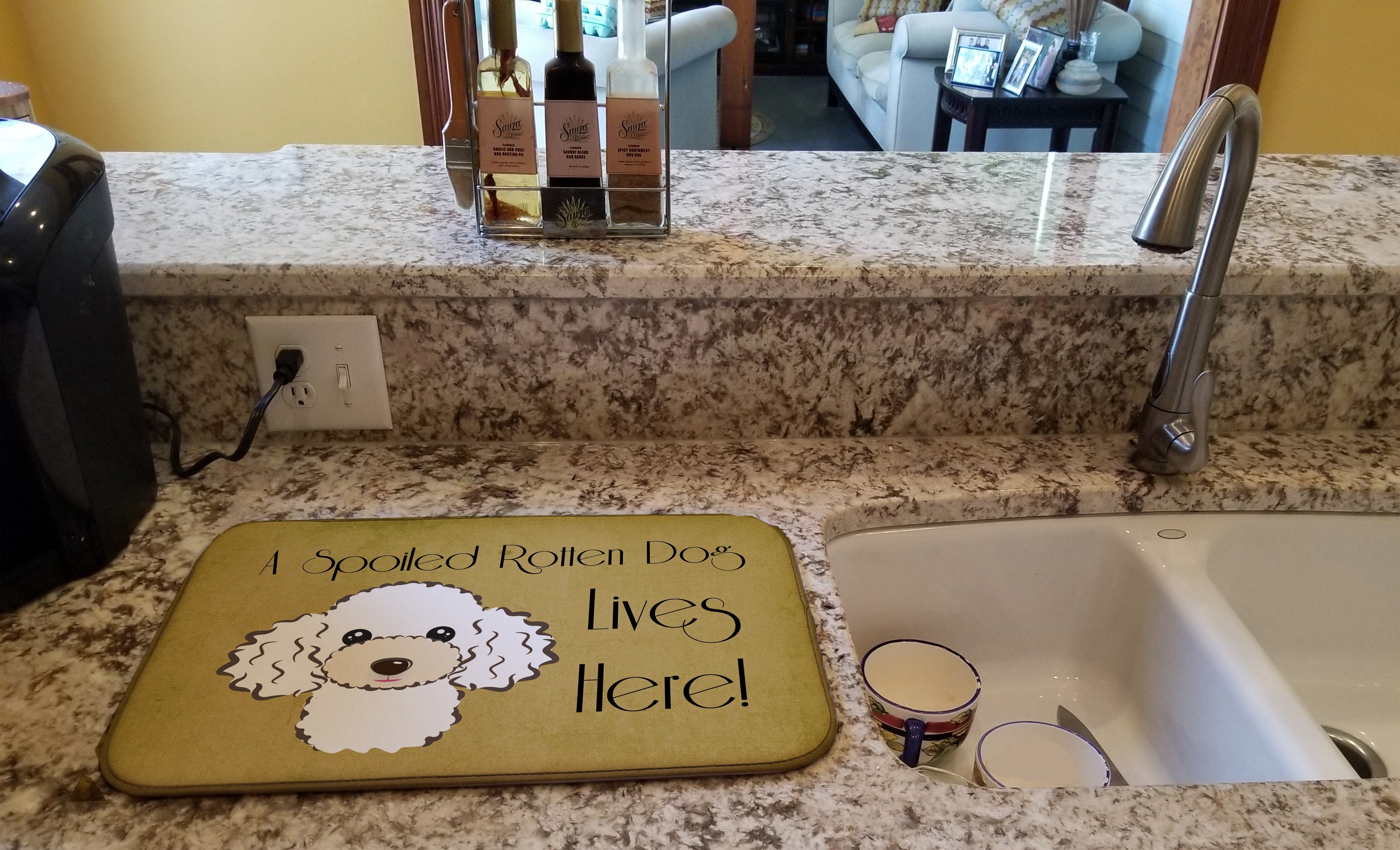 White Poodle Spoiled Dog Lives Here Dish Drying Mat Absorbent Dish Drying Mat Pad for Kitchen Counter Dish Drainer Mat for Countertop, 14 x 21", Multicolor