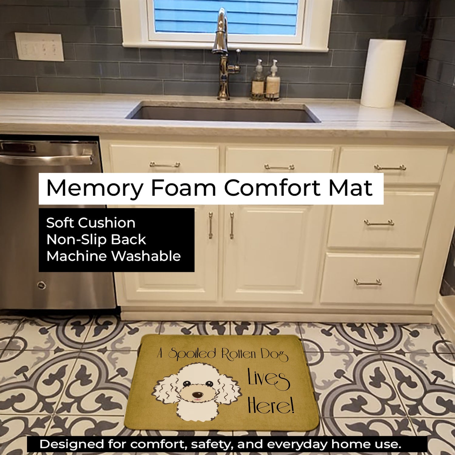 White Poodle Spoiled Dog Lives Here Memory Foam Kitchen Mat Machine Washable Anti-Fatigue Cushion Comfort Bath or Kitchen Rug