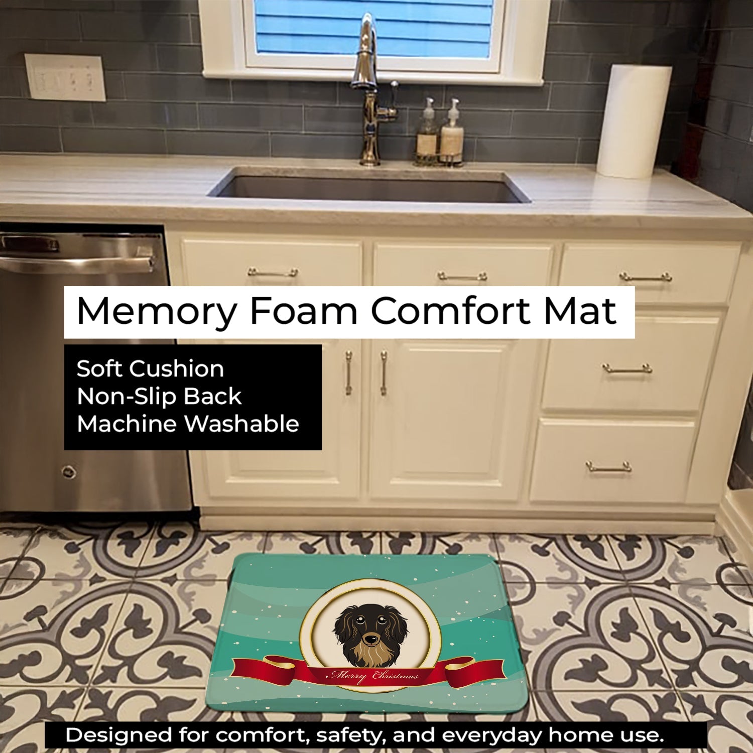 Longhair Black and Tan Dachshund Merry Christmas Memory Foam Kitchen Mat Machine Washable Anti-Fatigue Cushion Comfort Bath or Kitchen Rug