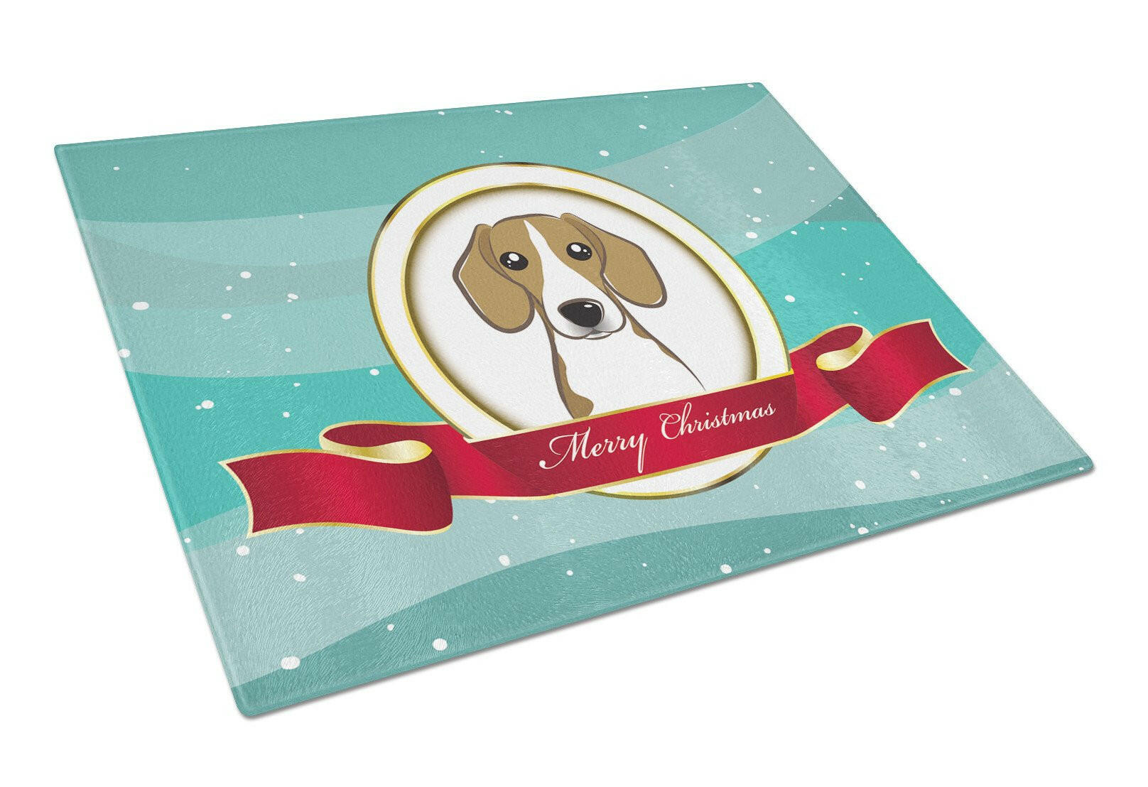 Beagle Merry Christmas Cutting Board Tempered Glass Kitchen Cutting Surface, Heat Resistant Chopping, Non-Slip Feet, Food Prep & Serving