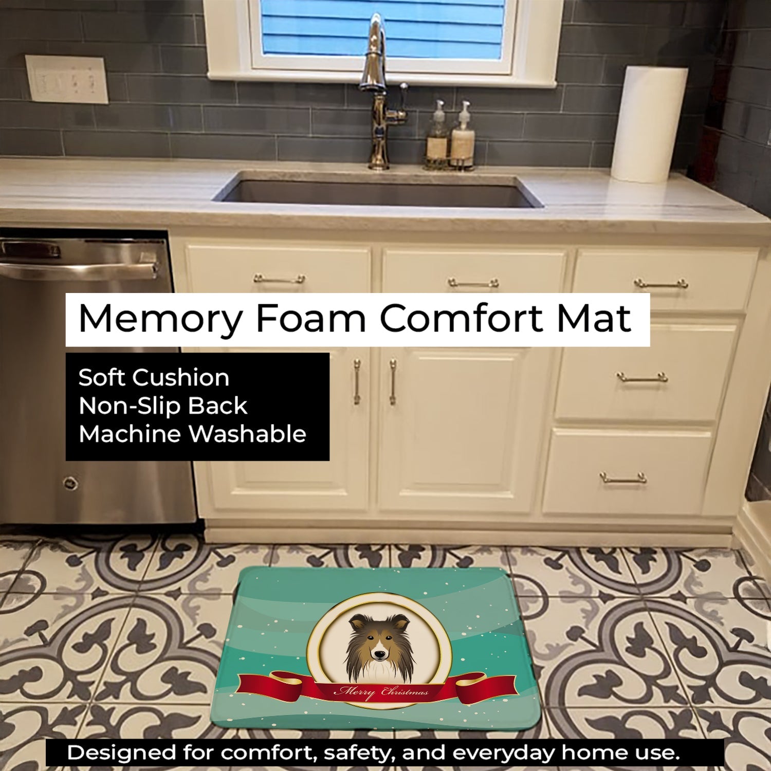 Sheltie Merry Christmas Memory Foam Kitchen Mat Machine Washable Anti-Fatigue Cushion Comfort Bath or Kitchen Rug