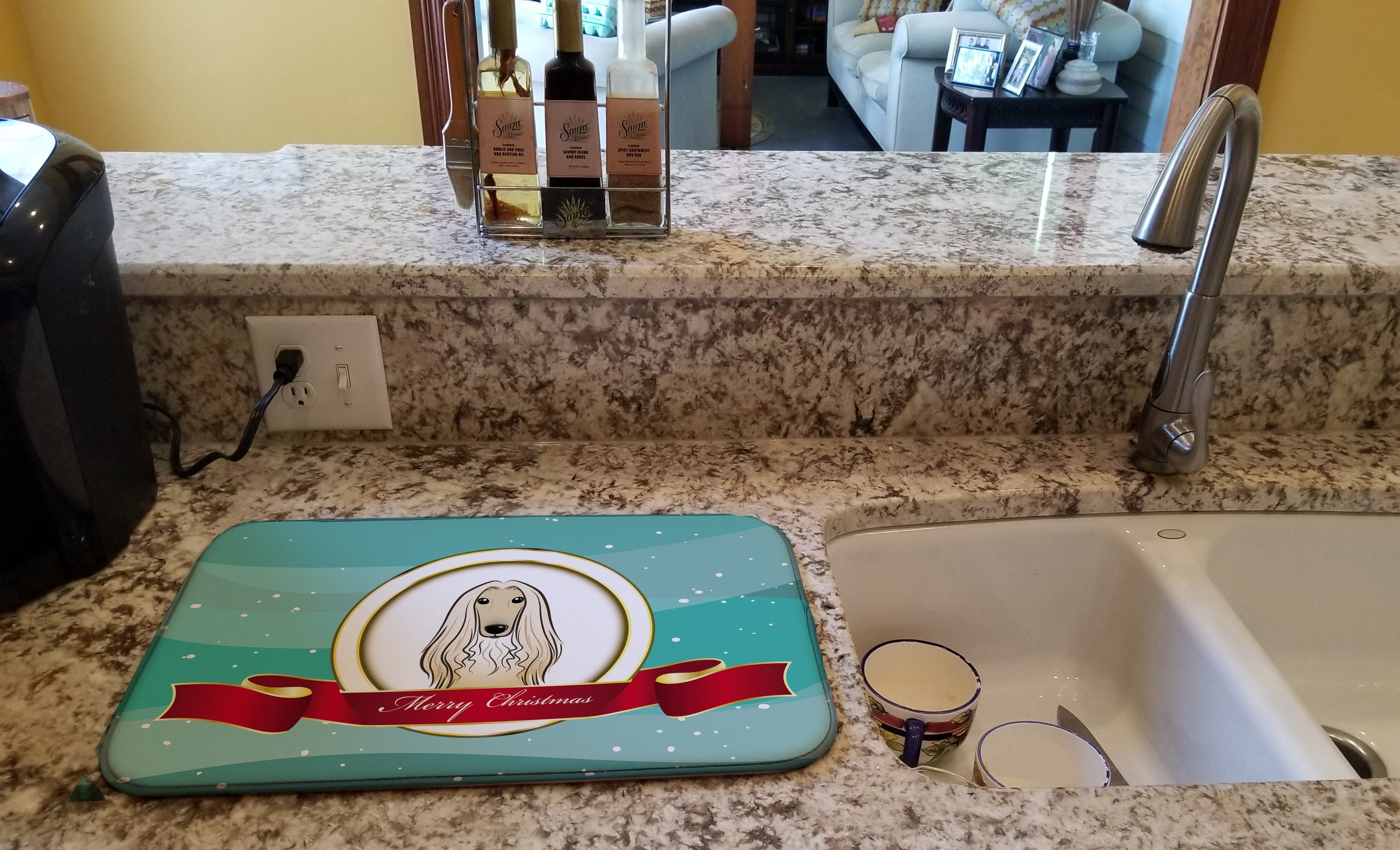 Afghan Hound Merry Christmas Dish Drying Mat Absorbent Dish Drying Mat Pad for Kitchen Counter Dish Drainer Mat for Countertop, 14 x 21", Multicolor