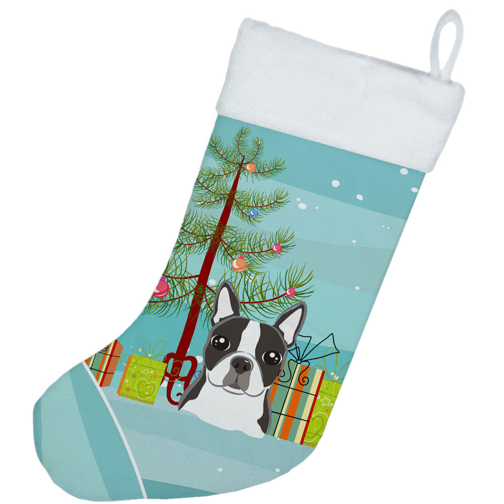 Christmas Tree and Boston Terrier Holiday Stocking Double-Sided Print, Polyester Suede,11x18, Made in USA