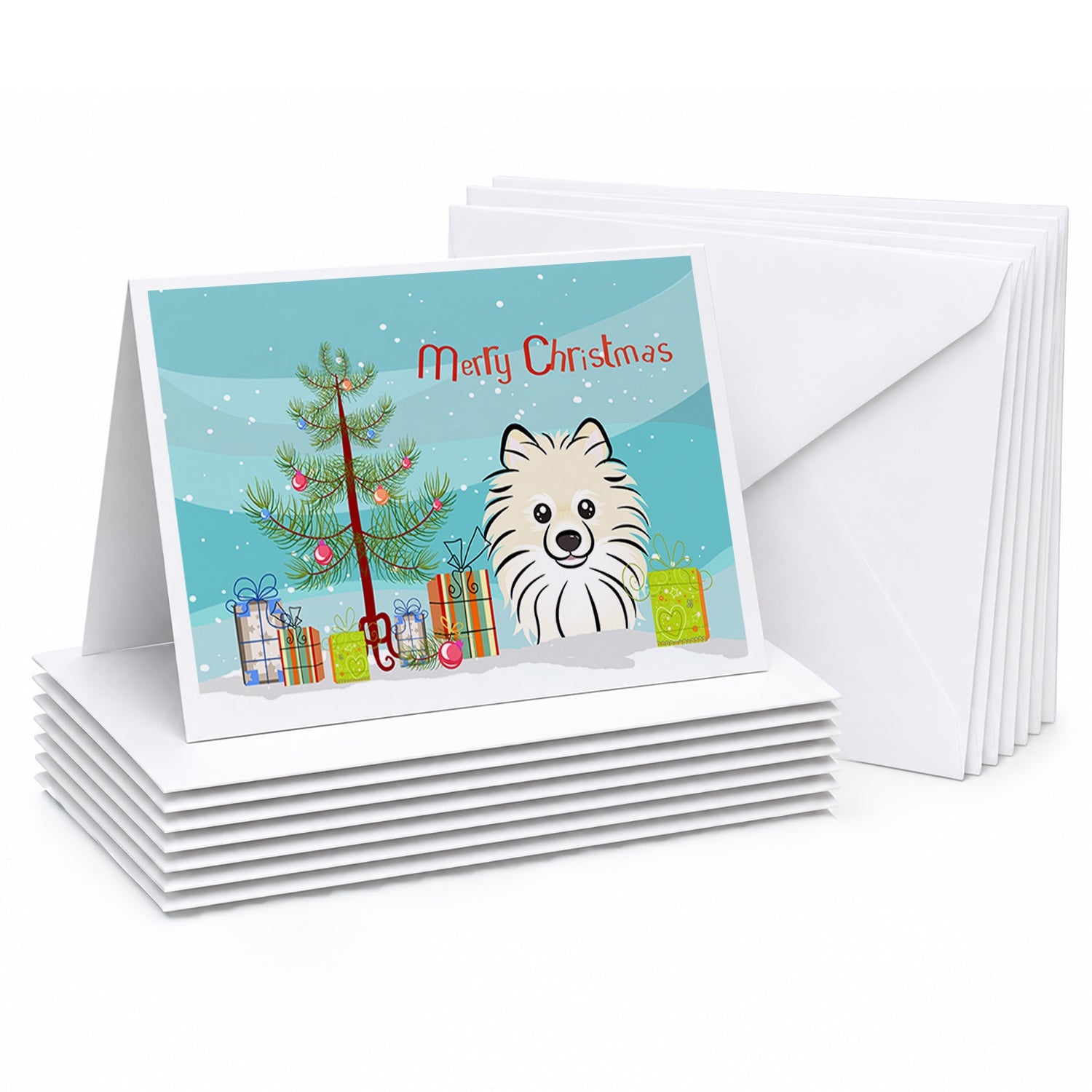 Christmas Tree and Pomeranian Greeting Cards Pack of 8 Blank Cards with Envelopes Whimsical A7 Size 5x7