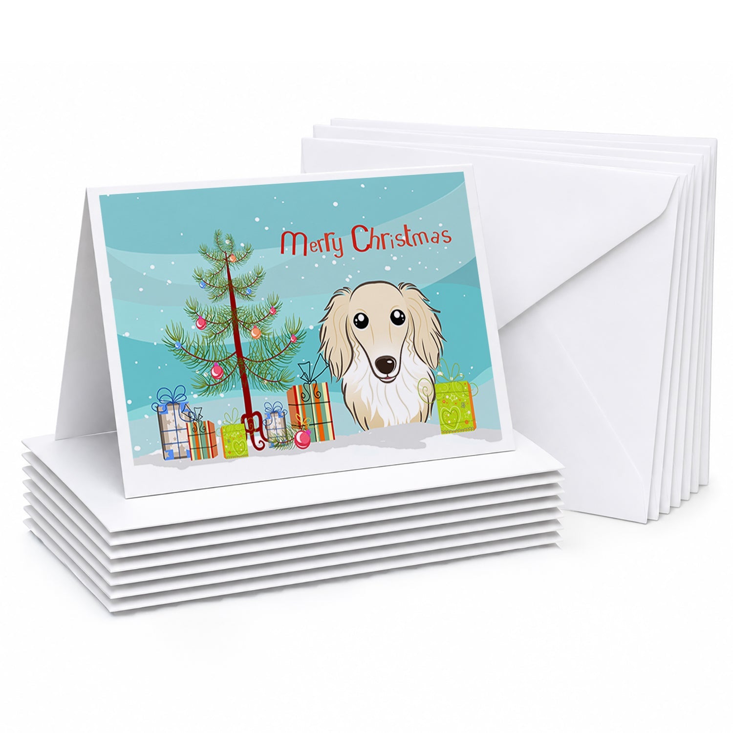 Christmas Tree and Longhair Creme Dachshund Greeting Cards Pack of 8 Blank Cards with Envelopes Whimsical A7 Size 5x7