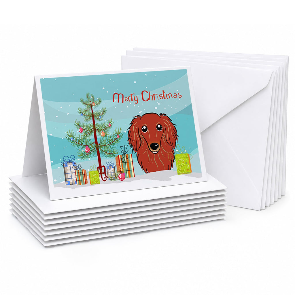 Christmas Tree and Longhair Red Dachshund Greeting Cards Pack of 8 Blank Cards with Envelopes Whimsical A7 Size 5x7