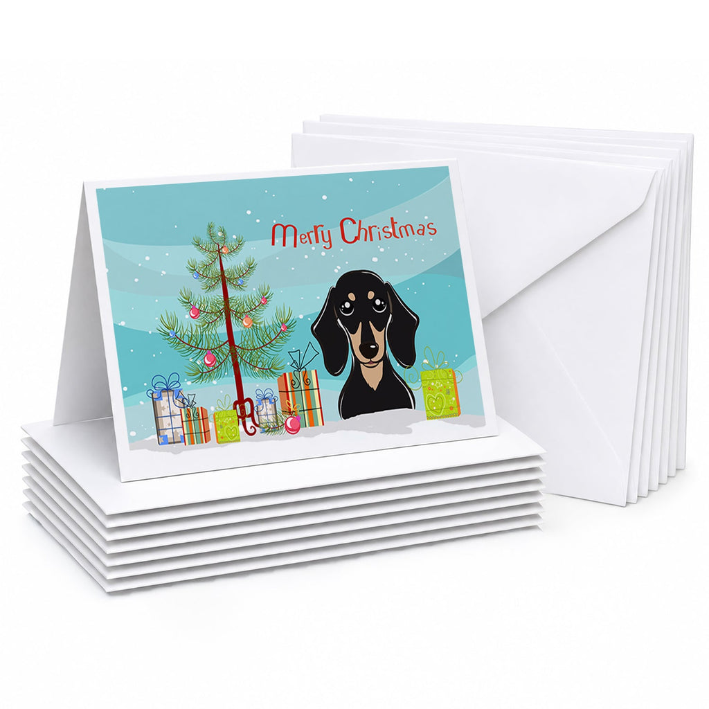 Christmas Tree and Smooth Black and Tan Dachshund Greeting Cards Pack of 8 Blank Cards with Envelopes Whimsical A7 Size 5x7