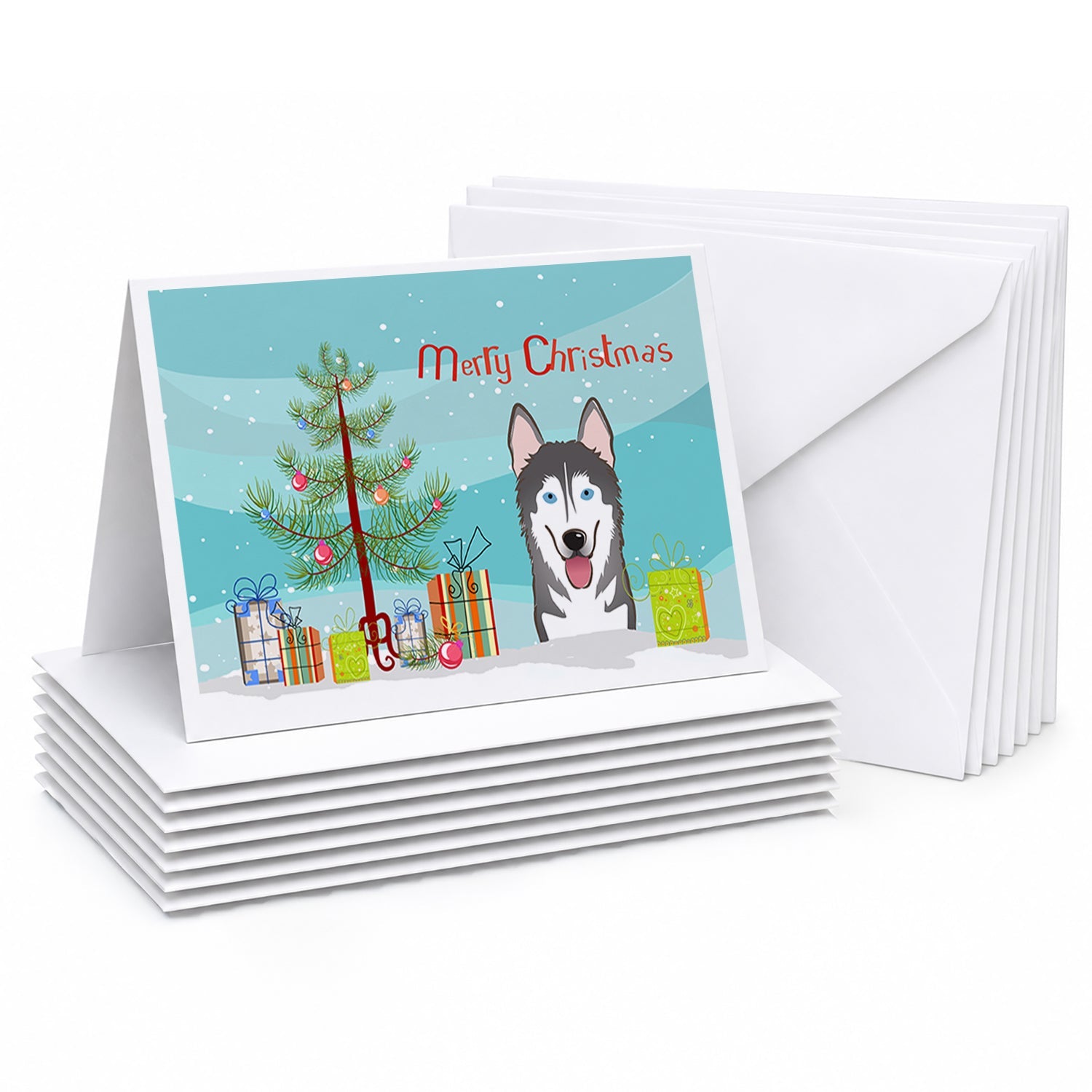 Christmas Tree and Alaskan Malamute Greeting Cards Pack of 8 Blank Cards with Envelopes Whimsical A7 Size 5x7
