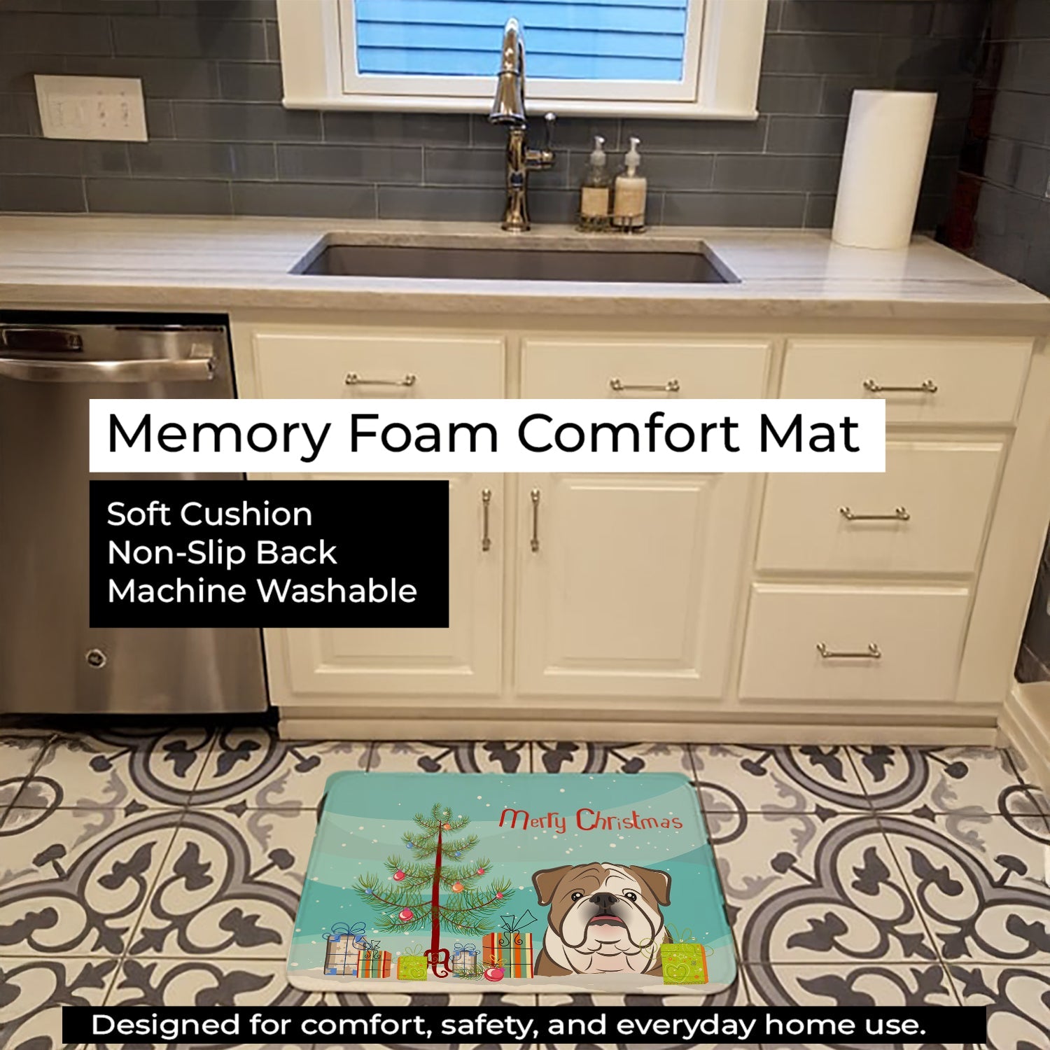 Christmas Tree and English Bulldog  Memory Foam Kitchen Mat Machine Washable Anti-Fatigue Cushion Comfort Bath or Kitchen Rug