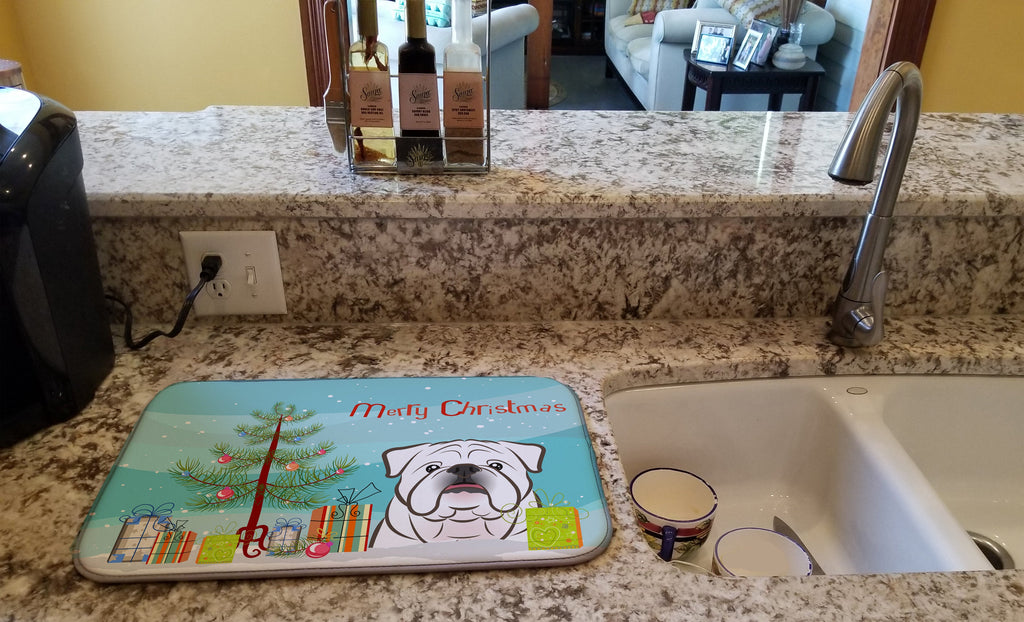 Christmas Tree and White English Bulldog  Dish Drying Mat Absorbent Dish Drying Mat Pad for Kitchen Counter Dish Drainer Mat for Countertop, 14 x 21", Multicolor
