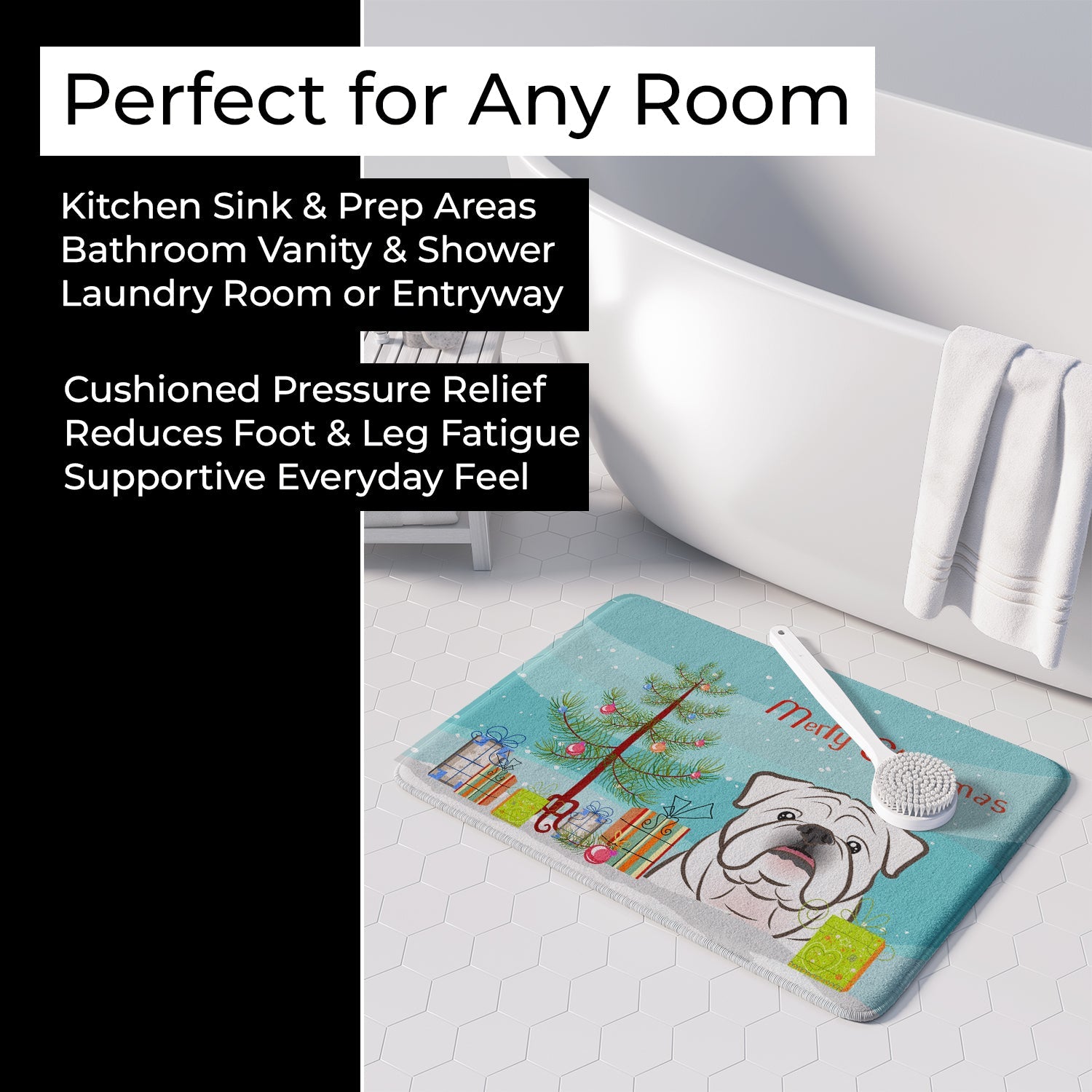 Christmas Tree and White English Bulldog  Memory Foam Kitchen Mat Machine Washable Anti-Fatigue Cushion Comfort Bath or Kitchen Rug
