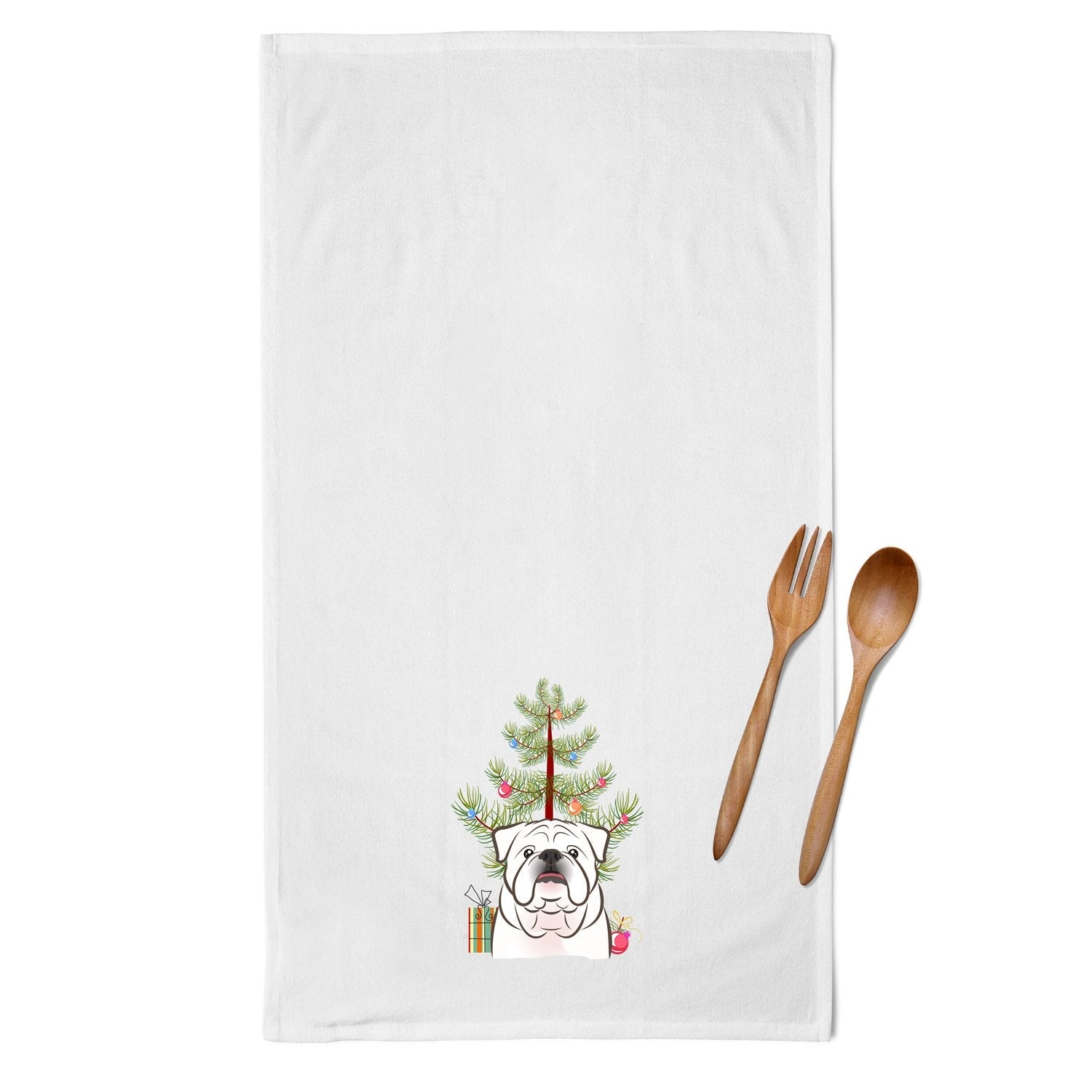 Christmas Tree and White English Bulldog  Kitchen Towel Set of 2 White Dish Towels Decorative Bathroom Hand towel for Hand, Face, Hair, Yoga, Tea, Dishcloth, 19 X 28", White