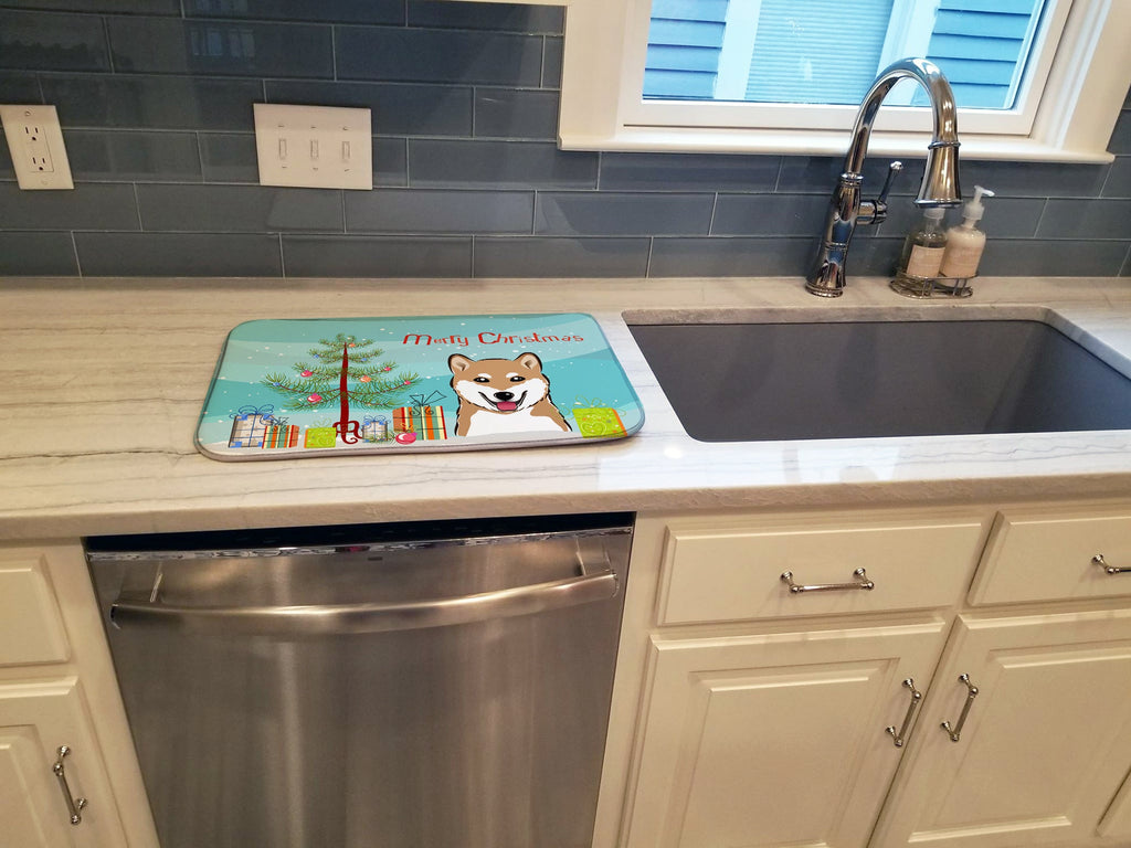 Christmas Tree and Shiba Inu Dish Drying Mat Absorbent Dish Drying Mat Pad for Kitchen Counter Dish Drainer Mat for Countertop, 14 x 21", Multicolor
