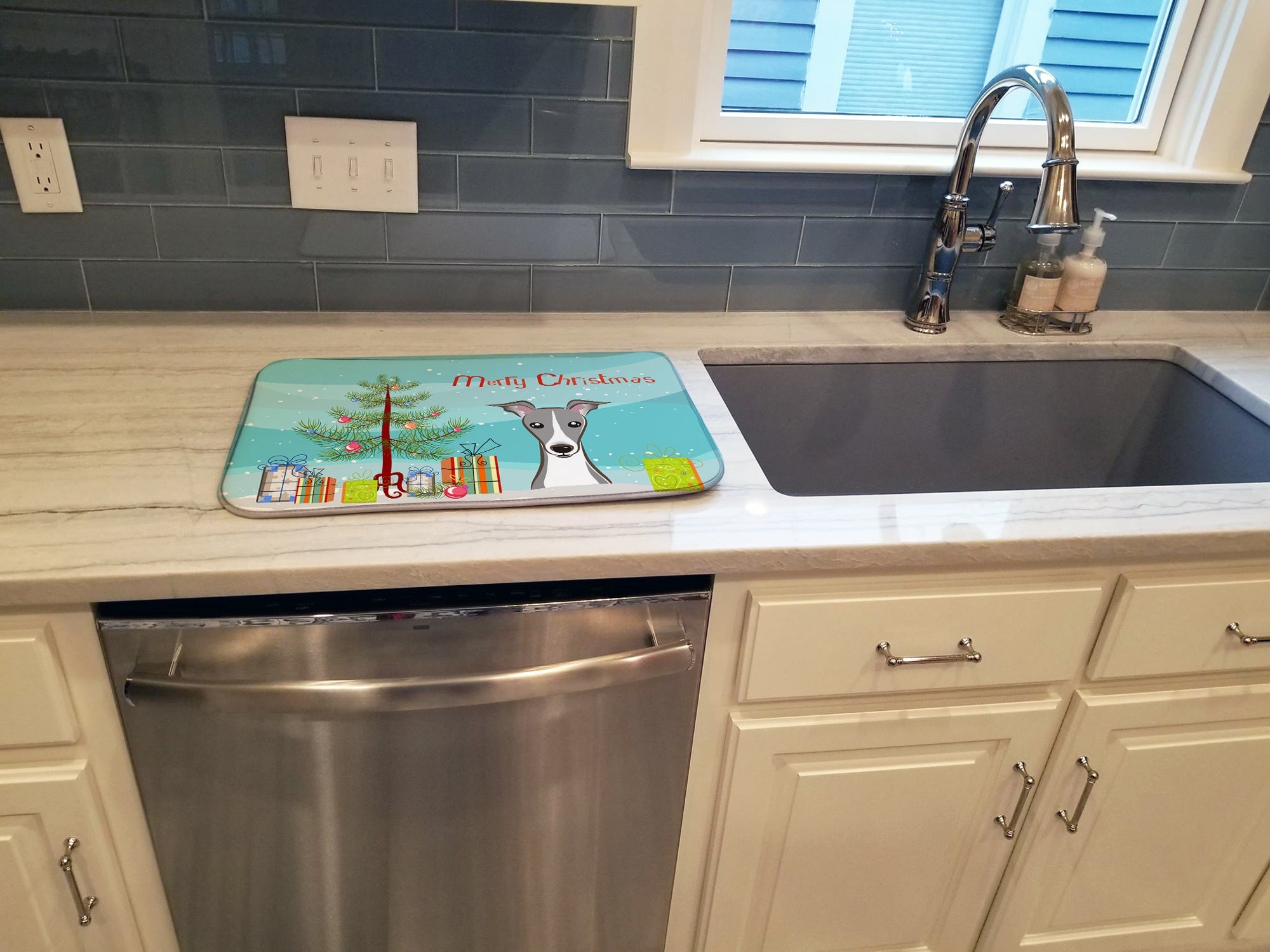 Christmas Tree and Italian Greyhound Dish Drying Mat Absorbent Dish Drying Mat Pad for Kitchen Counter Dish Drainer Mat for Countertop, 14 x 21", Multicolor