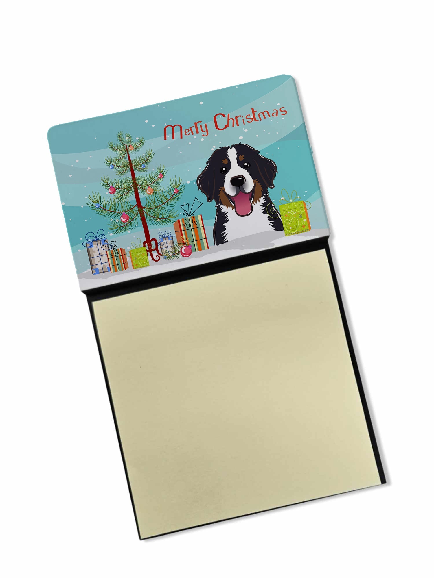 Christmas Tree and Bernese Mountain Dog Watercolor Sticky Note Holder Refillable Dispenser Desk Accessory 3x3 Pad Gift