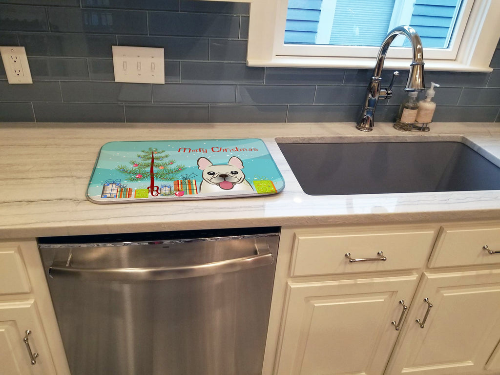 Christmas Tree and French Bulldog Dish Drying Mat Absorbent Dish Drying Mat Pad for Kitchen Counter Dish Drainer Mat for Countertop, 14 x 21", Multicolor